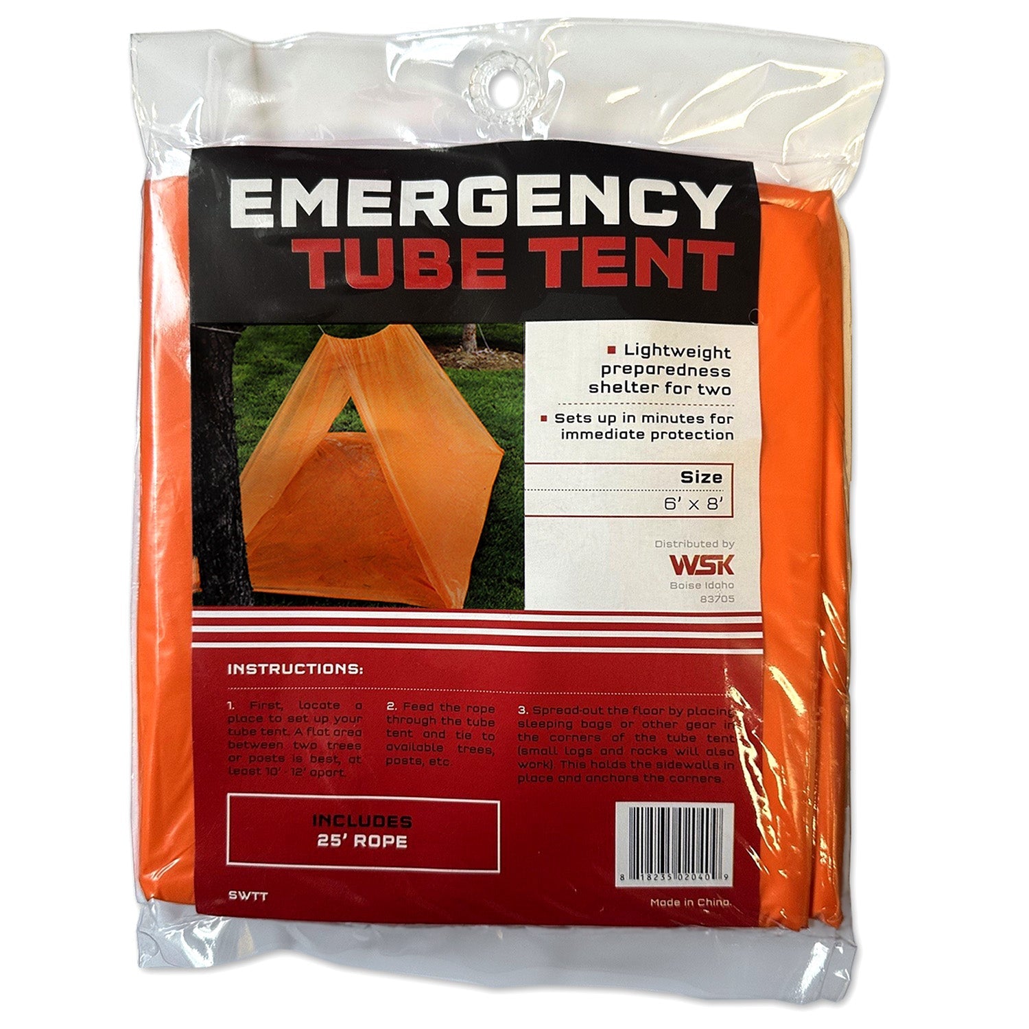 Bright orange 2-person emergency tube tent by quakekits.com, set up as a lightweight survival shelter in the outdoors.