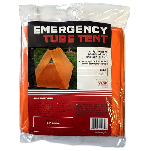 Bright orange 2-person emergency tube tent by quakekits.com, set up as a lightweight survival shelter in the outdoors.