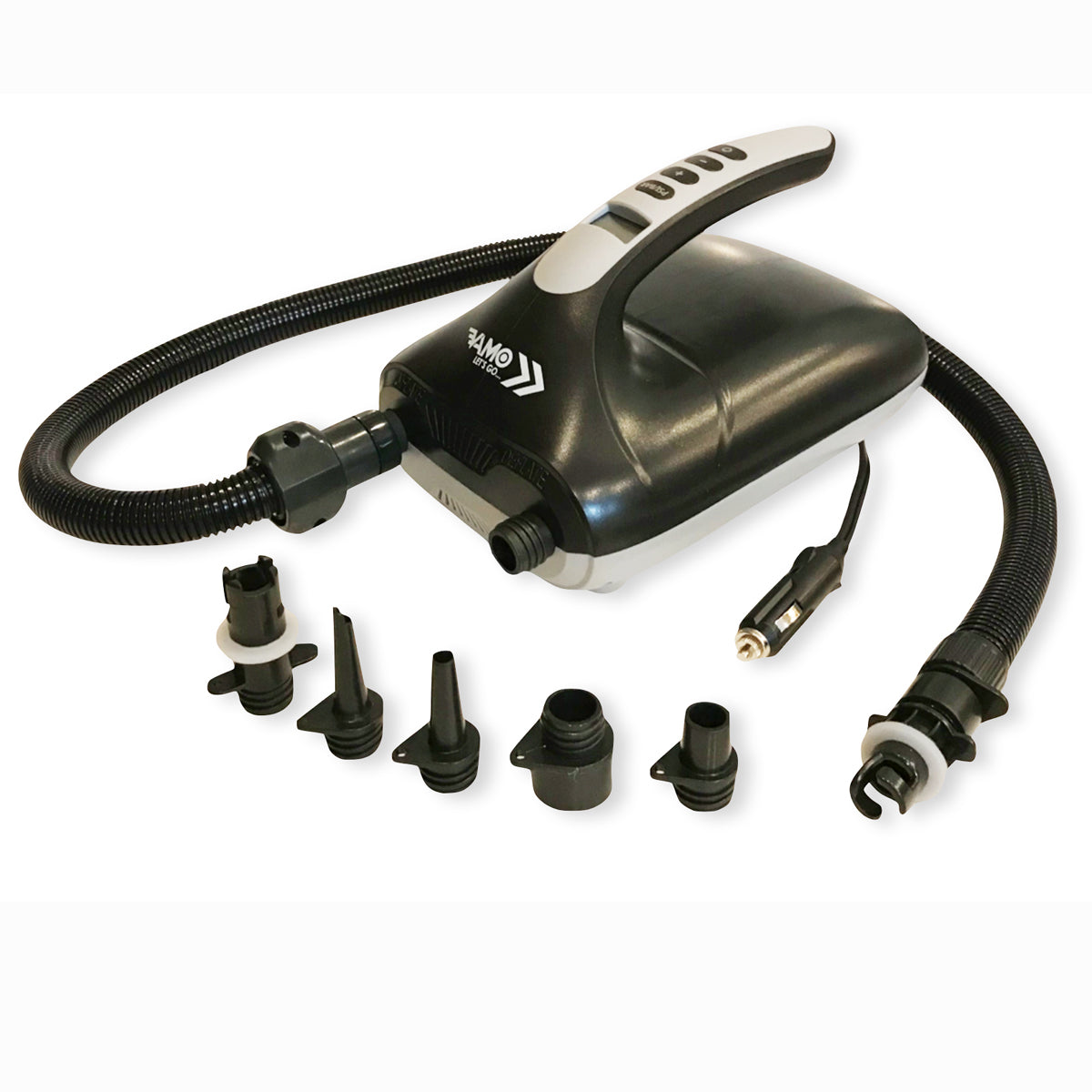 Vamo Life VAMO 20PSI SUP electric air pump with 12V cigarette adapter for inflating stand-up paddleboards and inflatables.