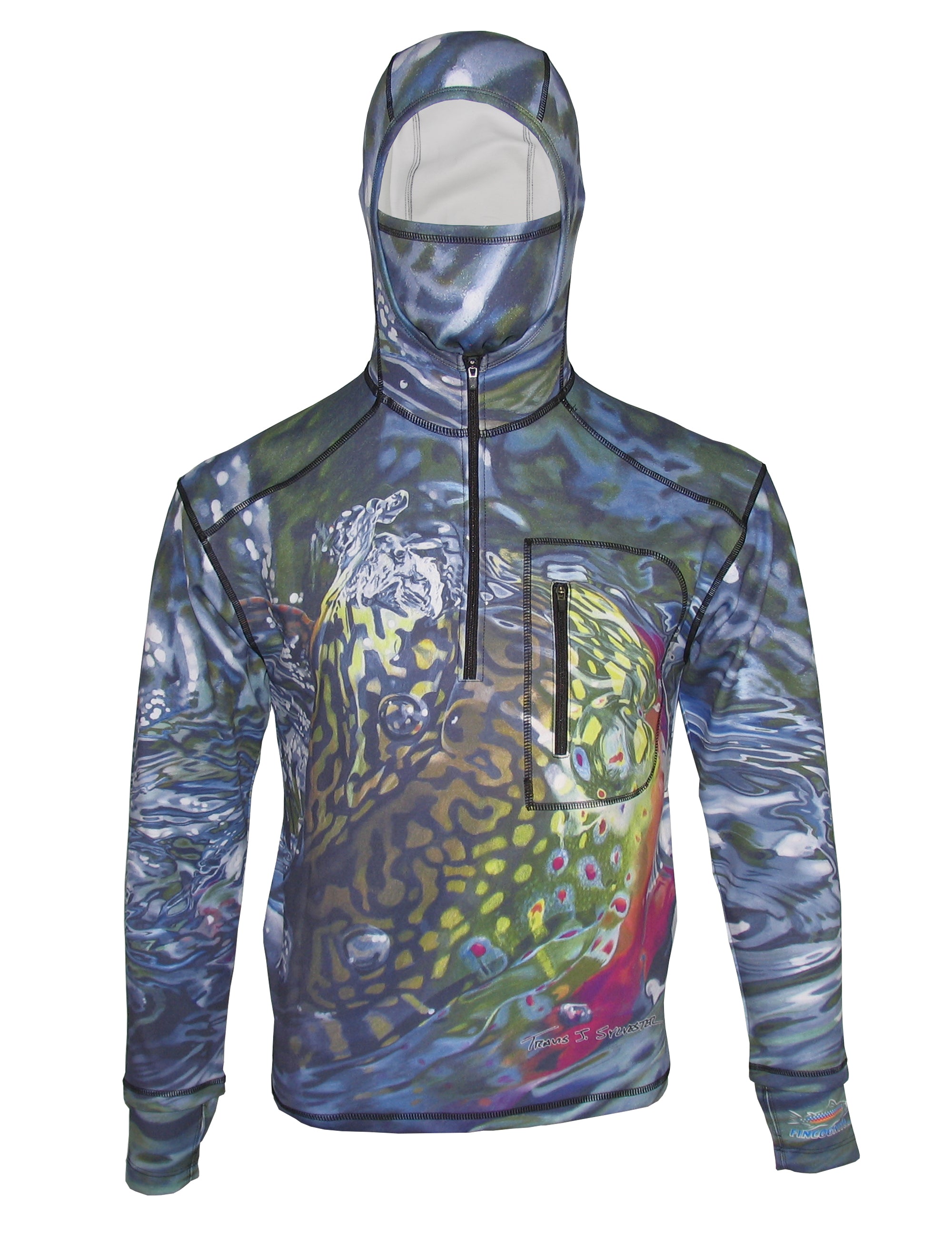 Cognito Brands Brook Body heavyweight 1/4-zip FlexShell fishing hoodie in black, front view showing lightweight fleece fabric and zip collar.