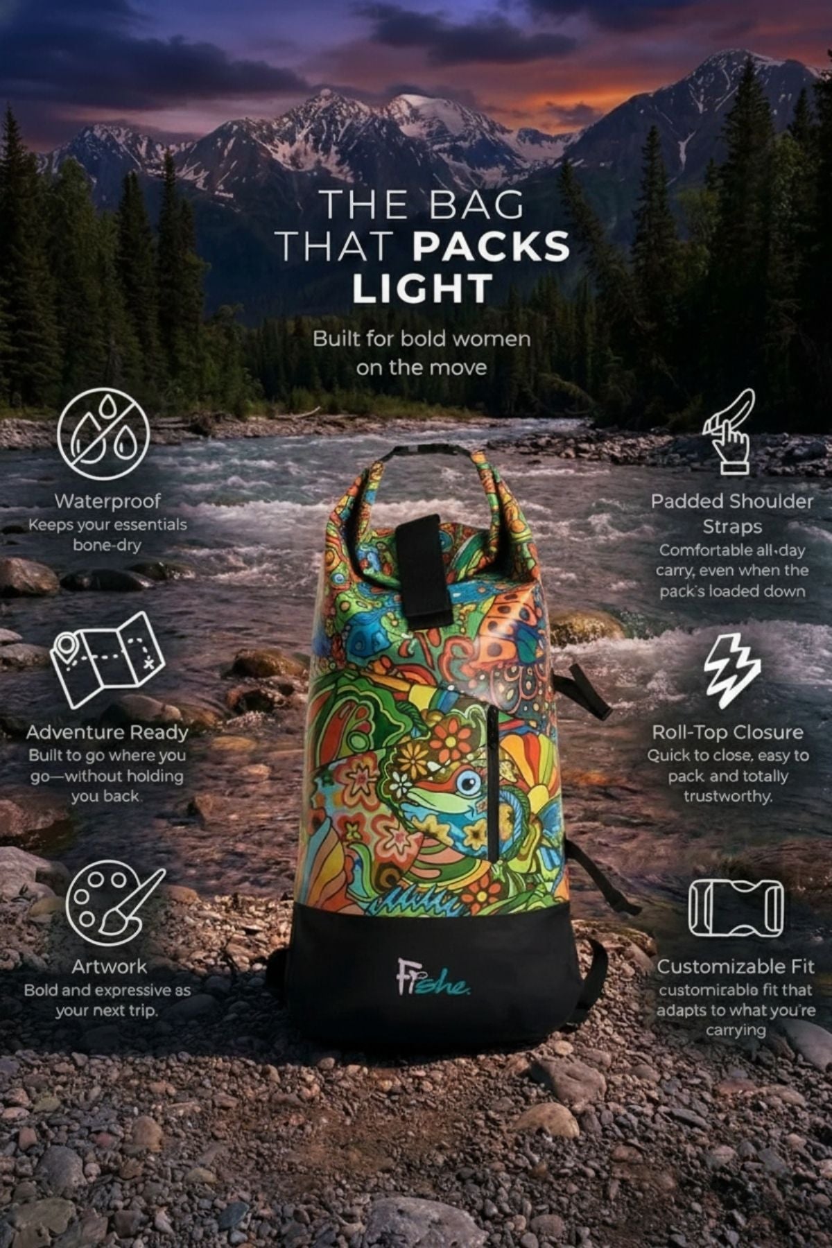 FisheWear Boho Bass Backpack Dry Bag in stylish design, waterproof dry bag with adjustable straps and multiple compartments.