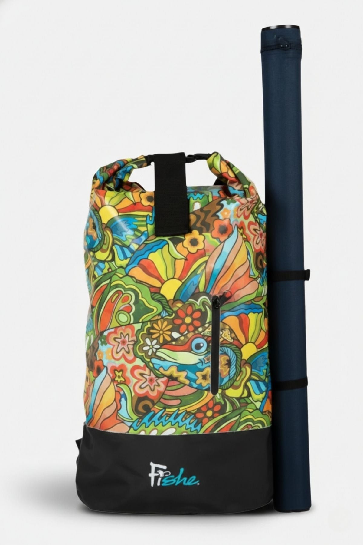 FisheWear Boho Bass Backpack Dry Bag in tan with black straps, waterproof dry bag for outdoor and water activities.