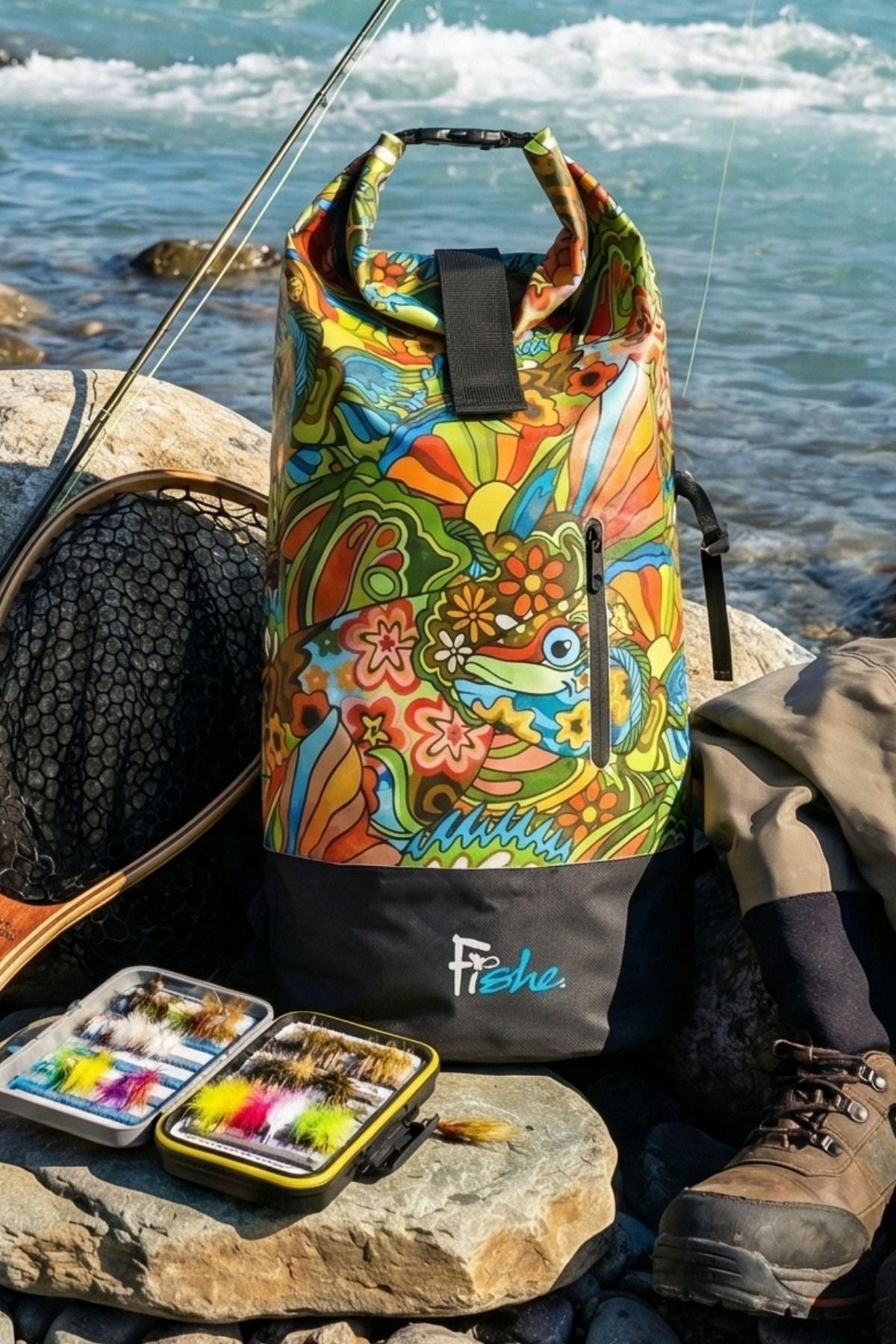 FisheWear Boho Bass Backpack Dry Bag in black with adjustable straps and roll-top closure, designed for outdoor waterproof storage.