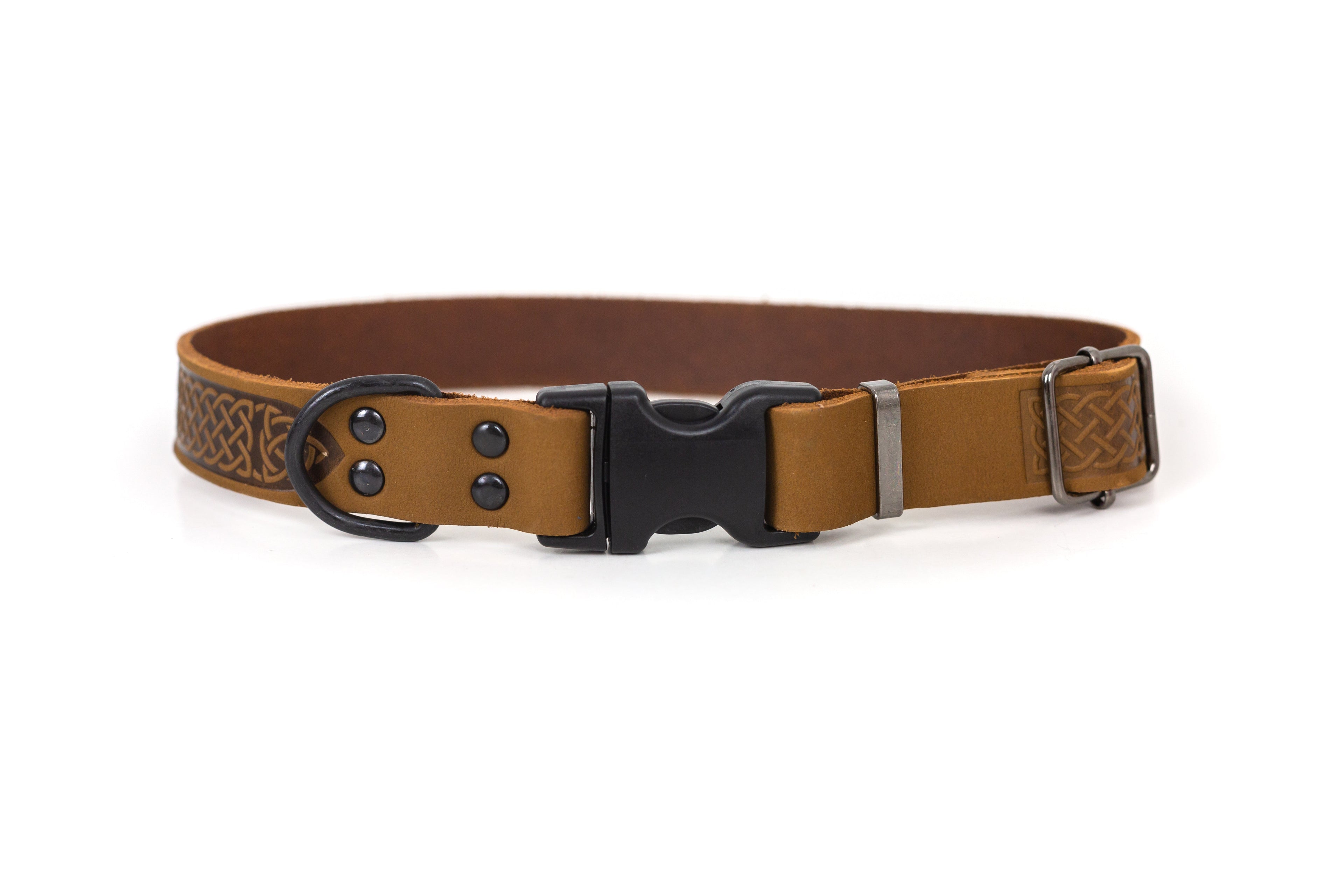 Celtic Sport Earth brown leather dog collar with metal buckle and decorative stitching, designed for durable and stylish pet wear.