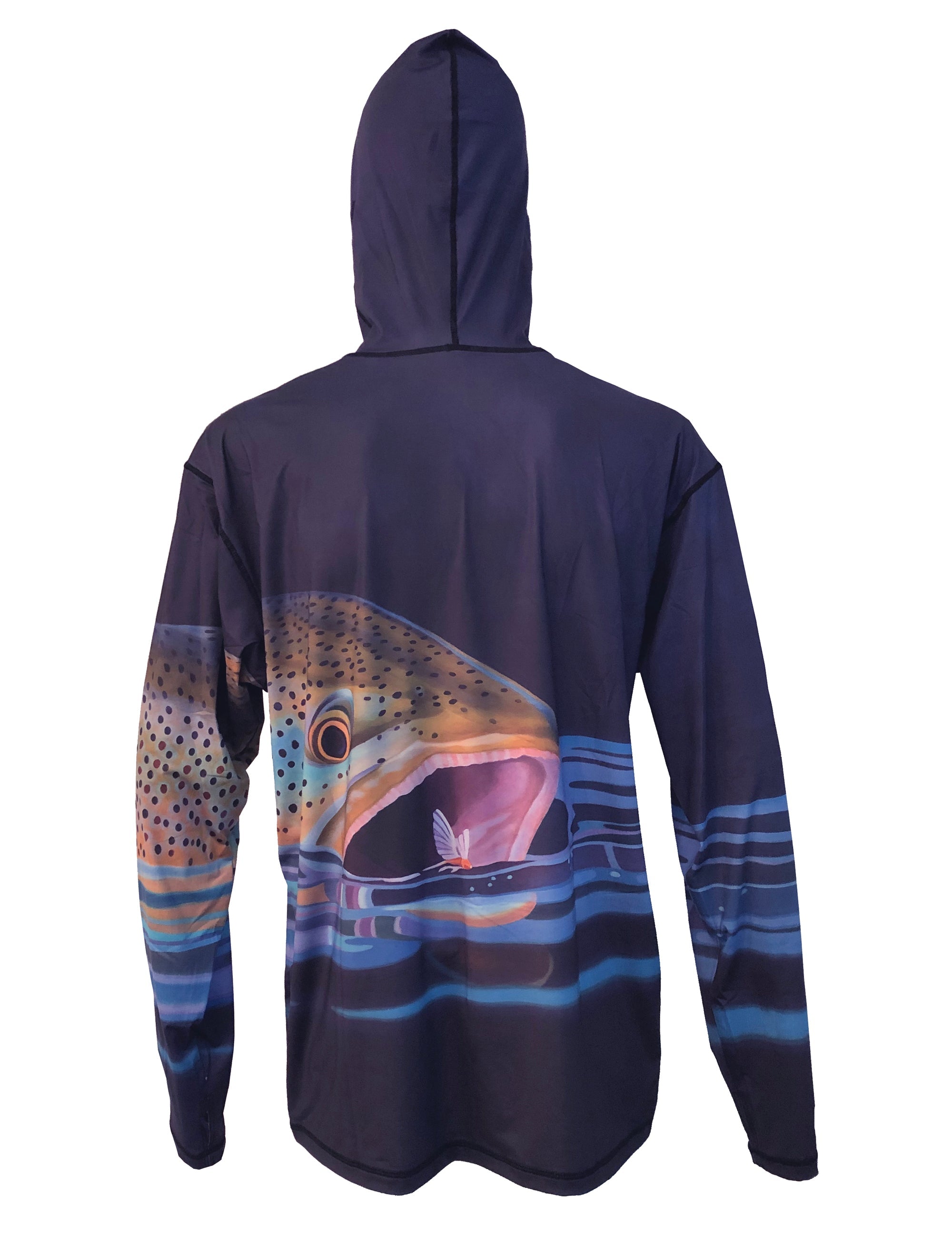 Brown Sunpro hoodie with snack graphic and fishing design by Cognito Brands, Inc. shown in back view.