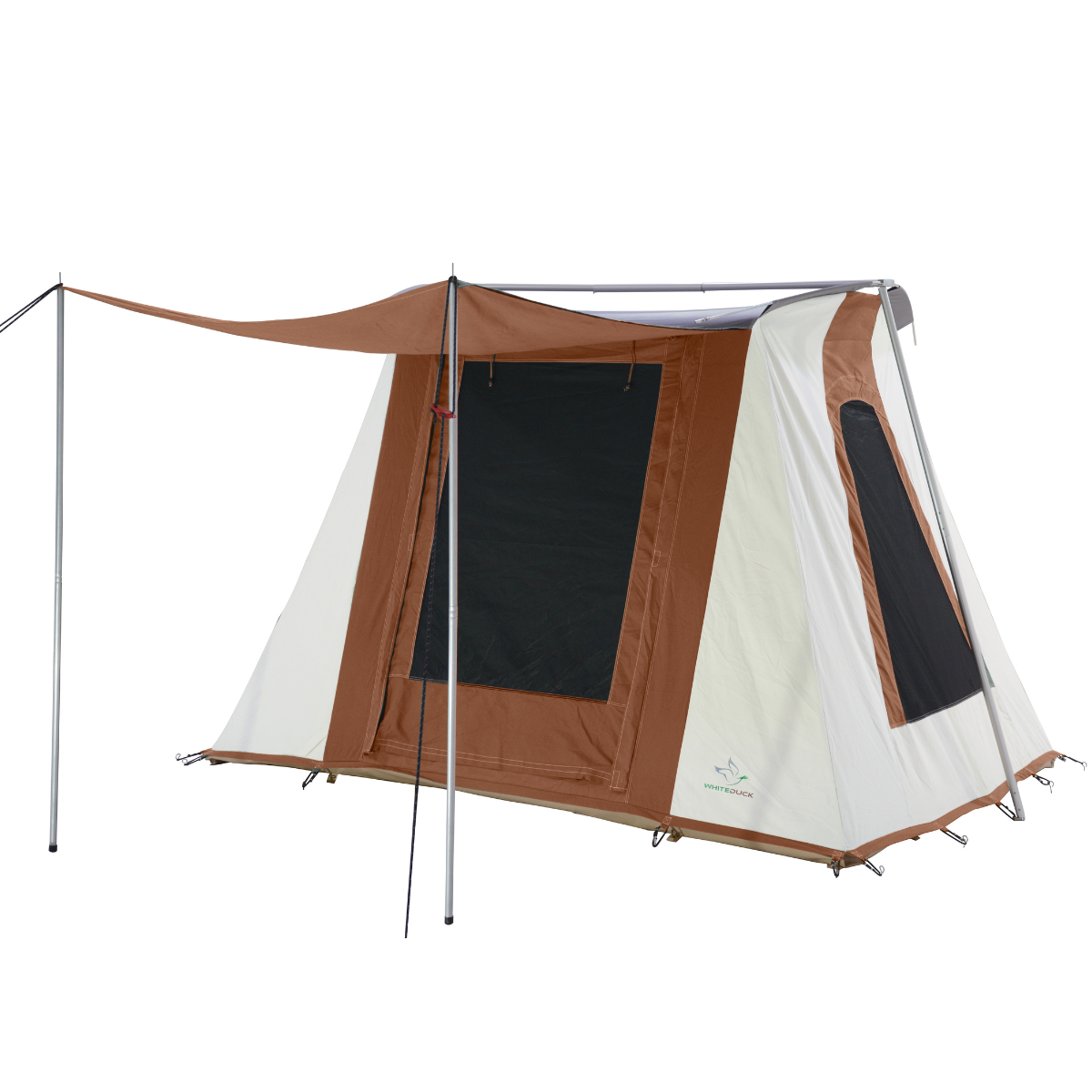 White Duck Outdoors 7x9-foot Prota Canvas Cabin Tent in brown, featuring sturdy canvas walls and a classic cabin design.