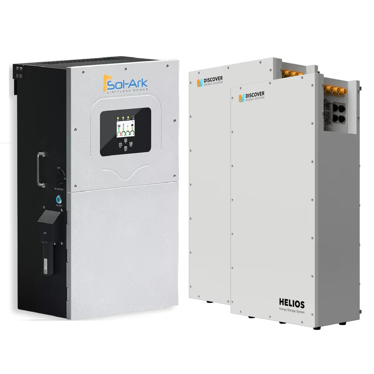 Solar power bundle with Sol-Ark 15K-2P inverter and two Discover Helios 16kWh batteries for whole-home backup.
