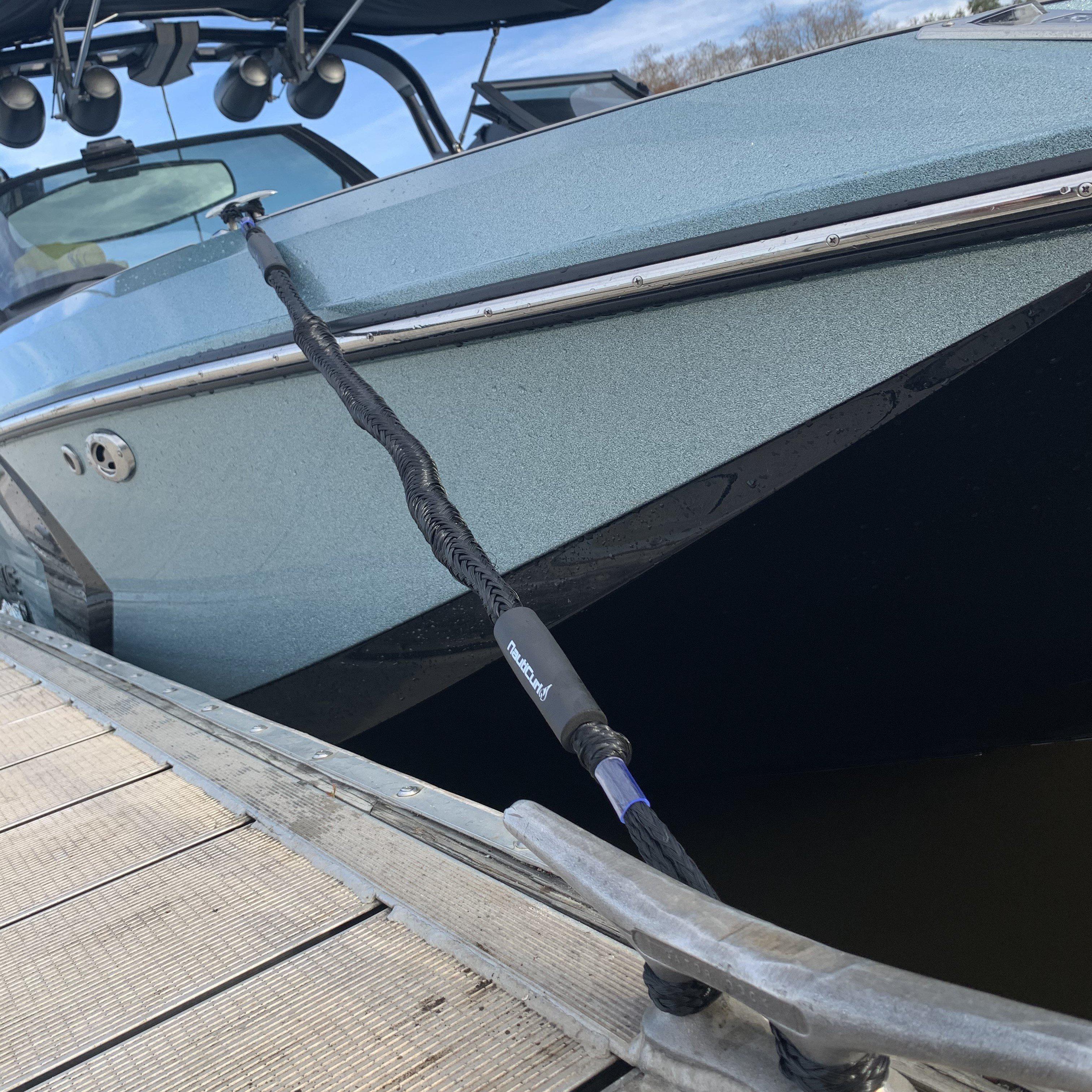 NautiCurl LLC shock-absorbing bungee boat ropes, two heavy-duty marine dock lines with bungee stretch for secure mooring.