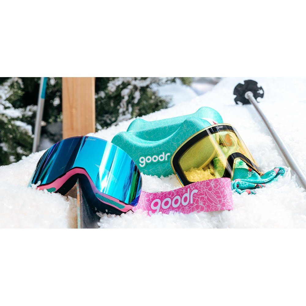 Rare Air Discs Bunny Slope Dropout polarized snow goggles with reflective lenses and adjustable straps for winter sports.