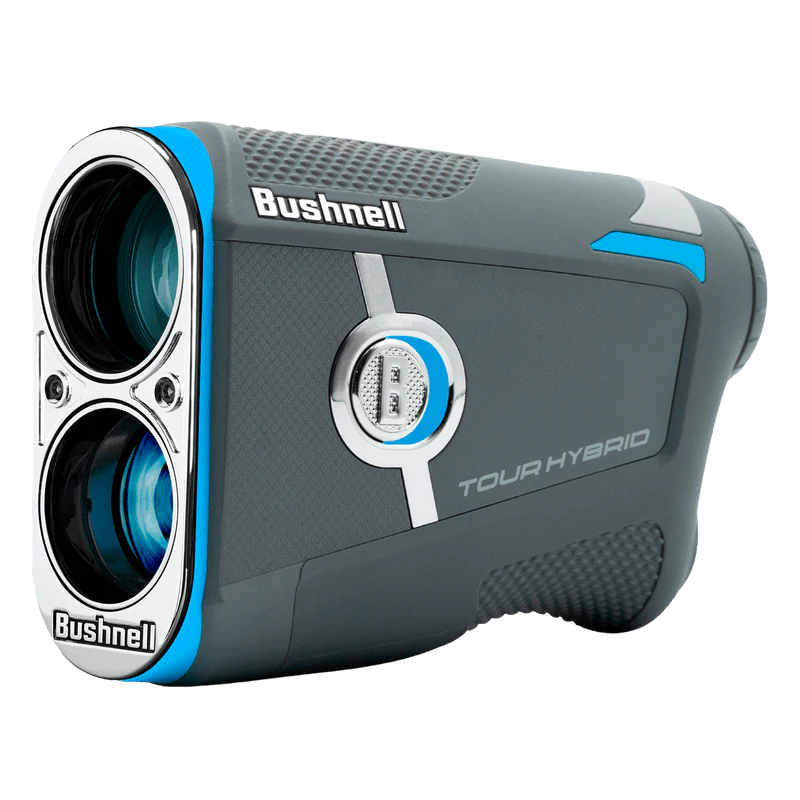 Bushnell Tour Hybrid Laser Rangefinder by ParWestGolf showing its compact design and measurement display in a golf setting.