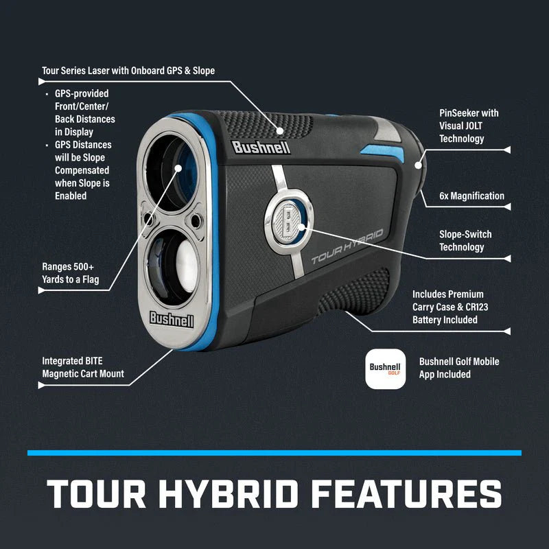 Bushnell Tour Hybrid laser rangefinder in black with digital display, designed for golf distance measurement and targeting.