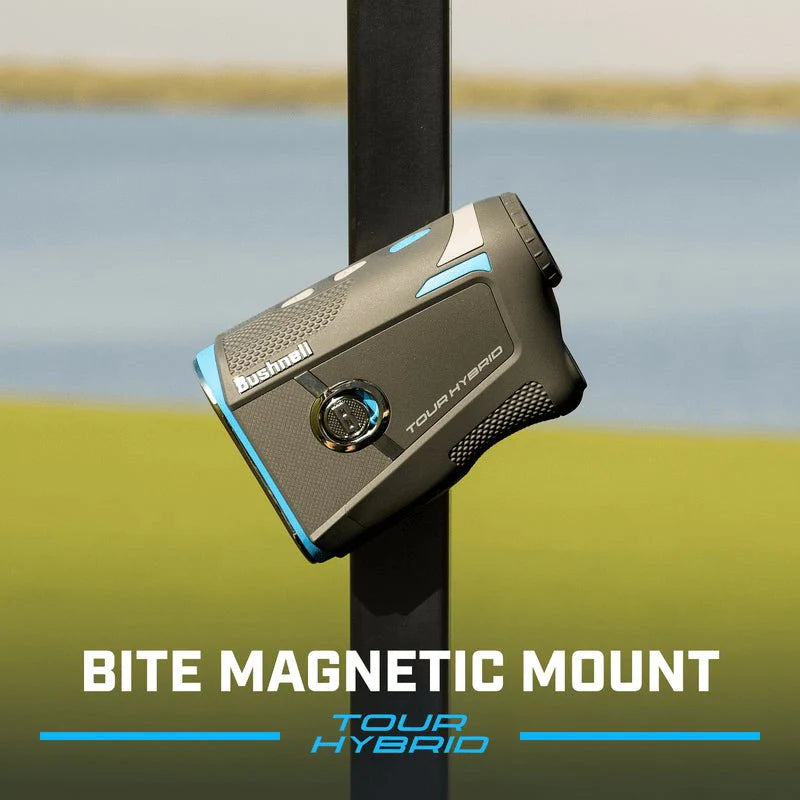 Bushnell Tour Hybrid Laser Rangefinder by ParWestGolf showing its compact design and display screen for accurate distance measurement.