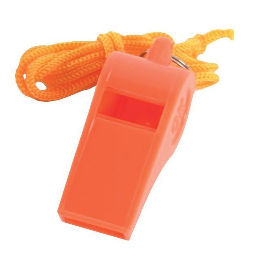 Basic plastic whistle with lanyard for light and communication, featuring a compact design and a bright color for easy use.