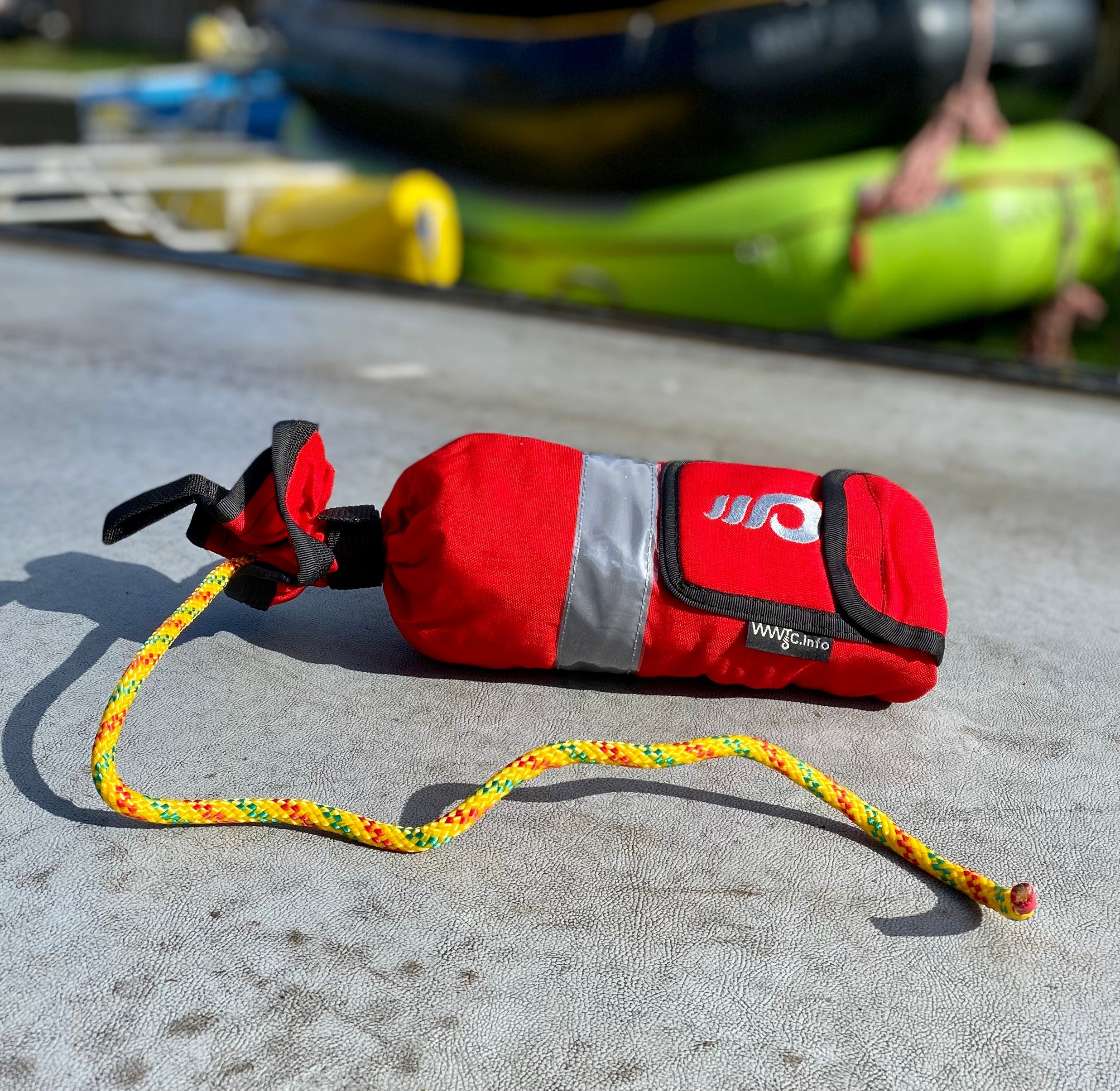 WWTC Classic 20m throw bag with bright orange nylon cover and sturdy handle for water rescue or rafting safety.