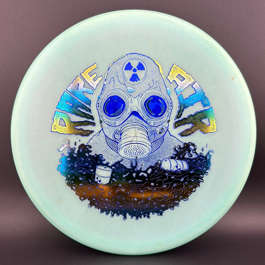 Color Lunar Recon Mortar F2 disc golf disc by Rare Air Discs, featuring a radioactive man stamp design in vibrant lunar colors.