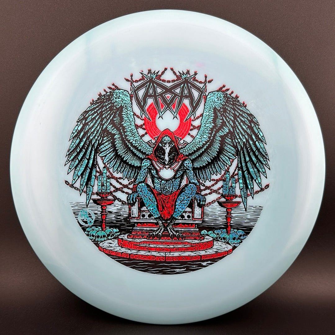 ESP Glo Buzzz disc golf disc by Rare Air Discs featuring Karudi the Overseer artwork with vibrant glow-in-the-dark finish.