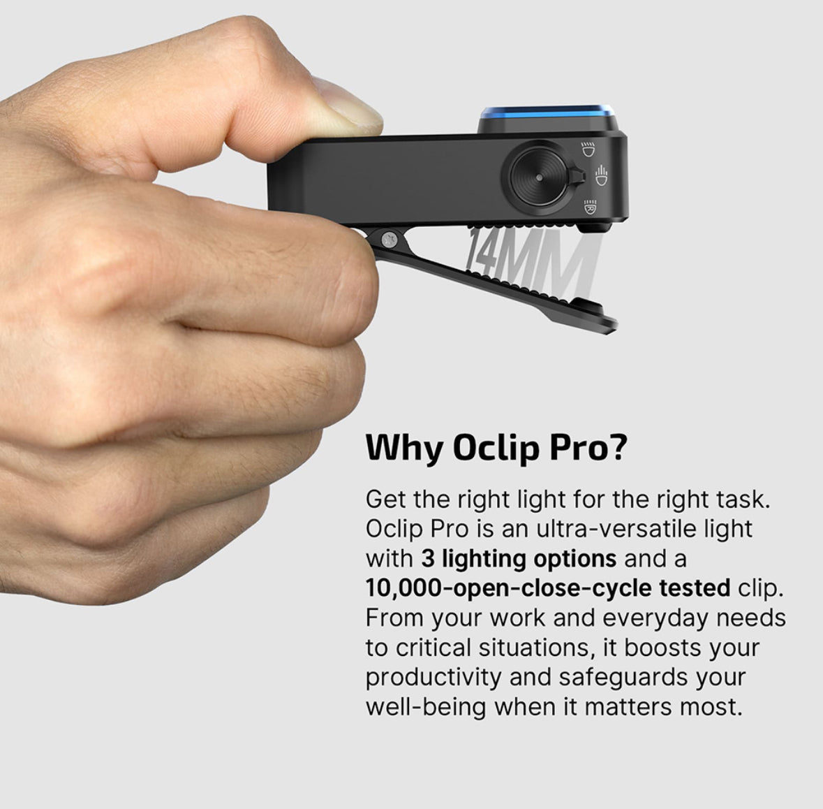 MUCITUP Olight Oclip Pro flashlight with clip, showing flood, spot, and red light modes in four color options.