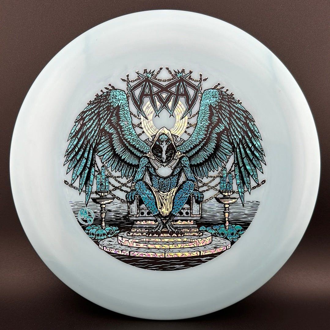ESP Glo Buzzz disc golf disc by Ripper Studios featuring Karudi the Overseer artwork in vibrant glow-in-the-dark colors.