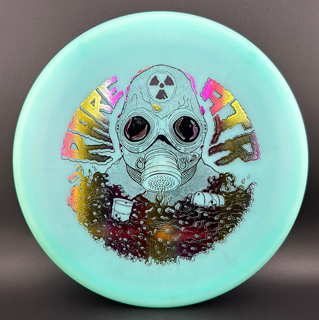 Rare Air Discs Color Lunar Recon Mortar F2 disc golf disc with Radioactive Man stamp, showcasing vibrant design and disc features.