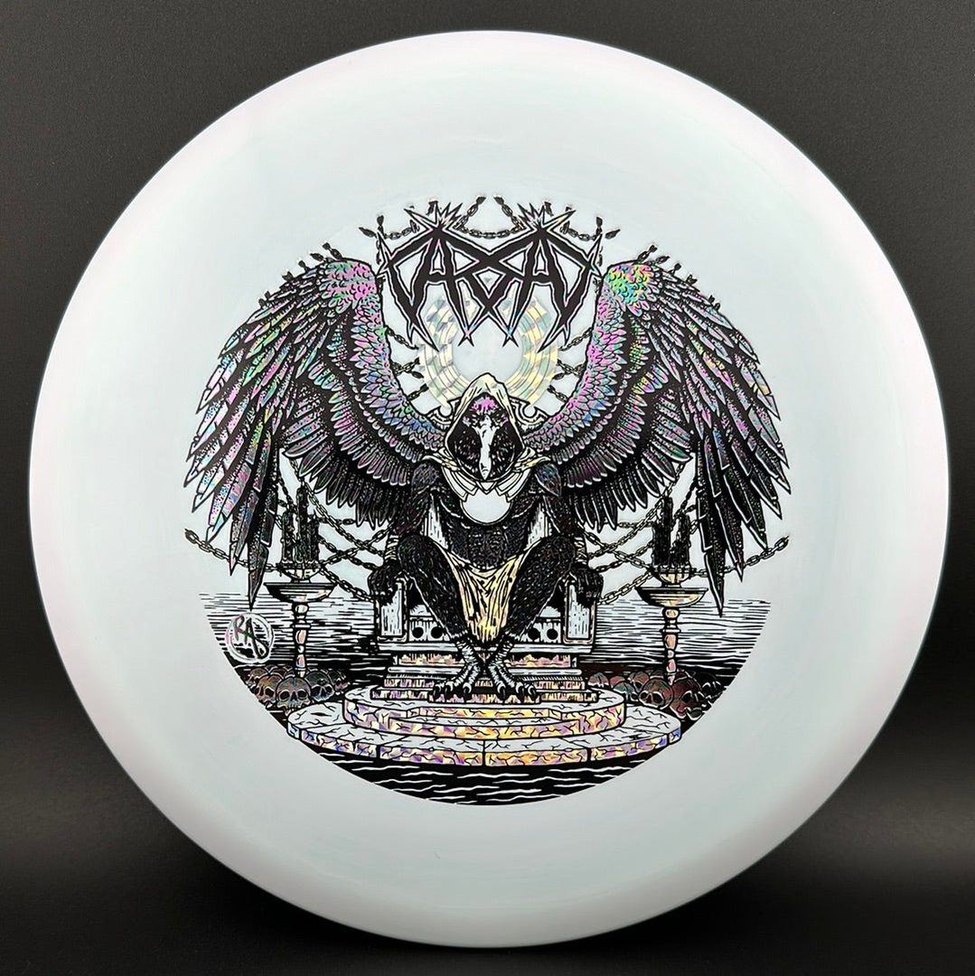 ESP Glo Buzzz disc golf disc by Rare Air Discs featuring Karudi the Overseer design in vibrant glow finish.