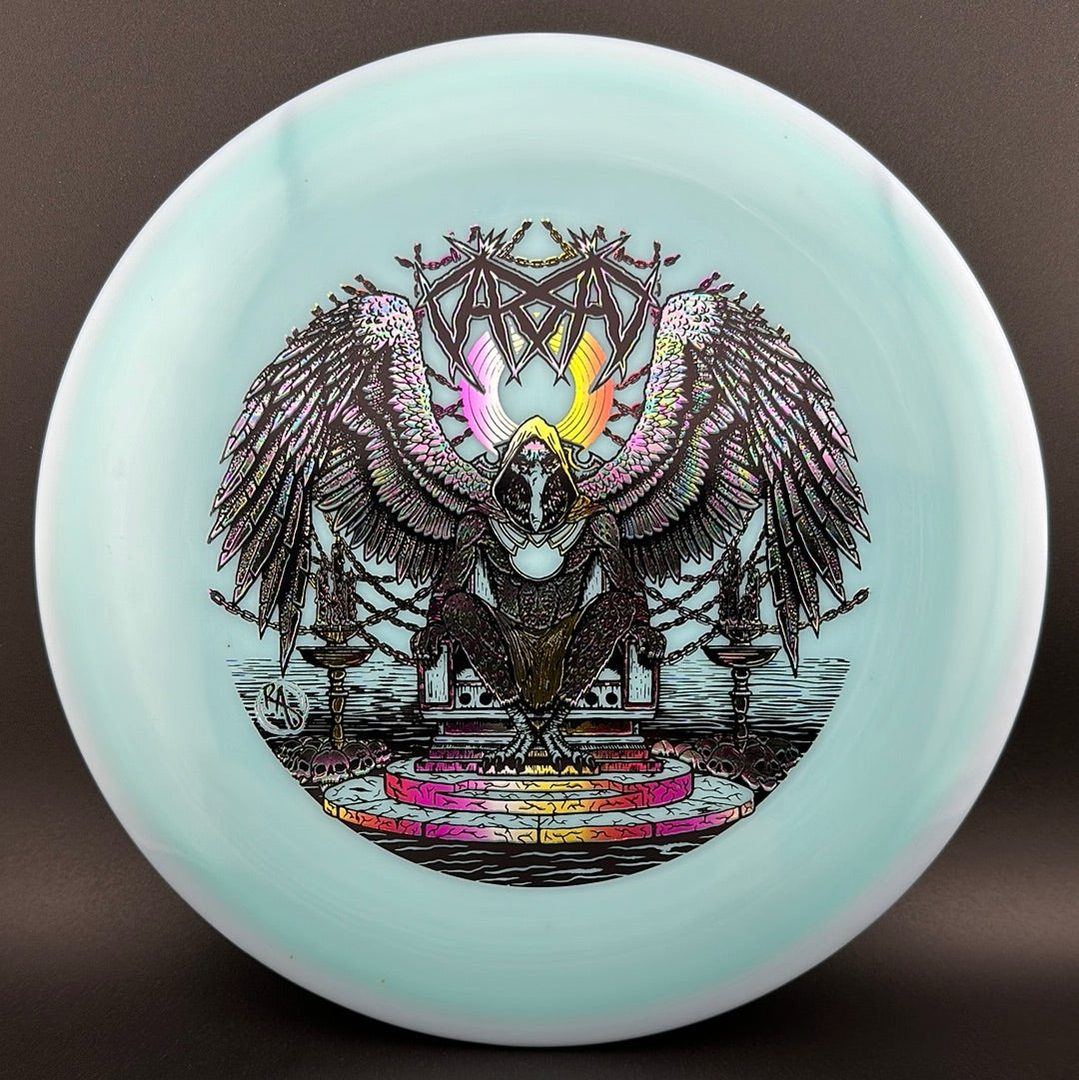 ESP Glo Buzzz disc golf disc by Rare Air Discs featuring Karudi the Overseer design on a glowing, vibrant disc for casual play.