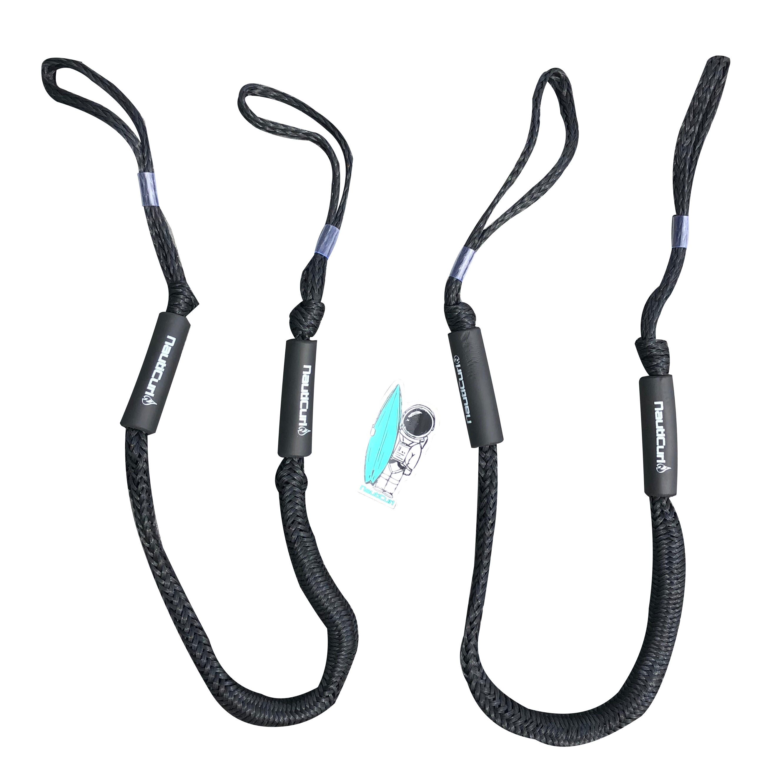 NautiCurl LLC shock-absorbing bungee boat ropes, two sturdy marine accessories with durable hooks for water sports.