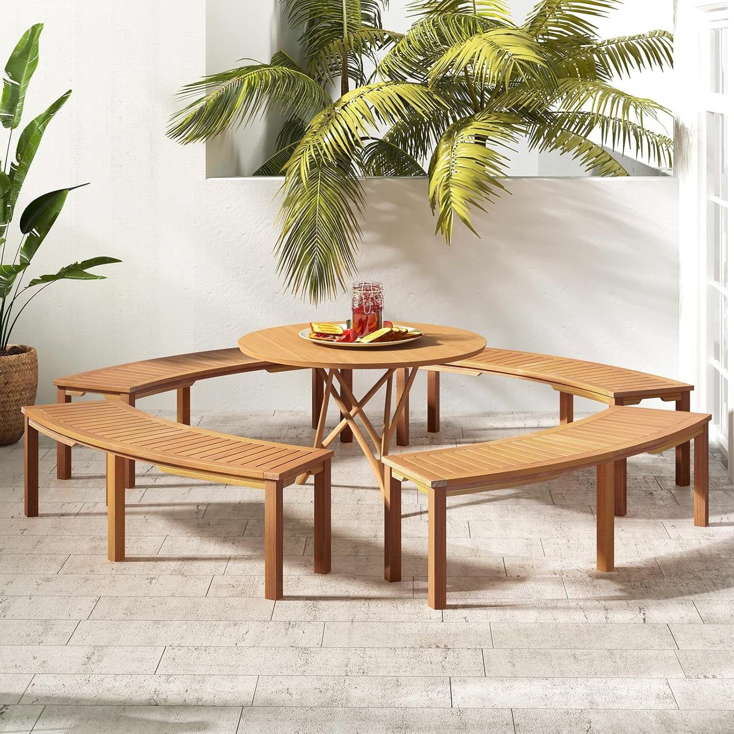 Outdoor wooden garden bench for two with modern arch design, backless, suitable for outdoor patio or garden seating.