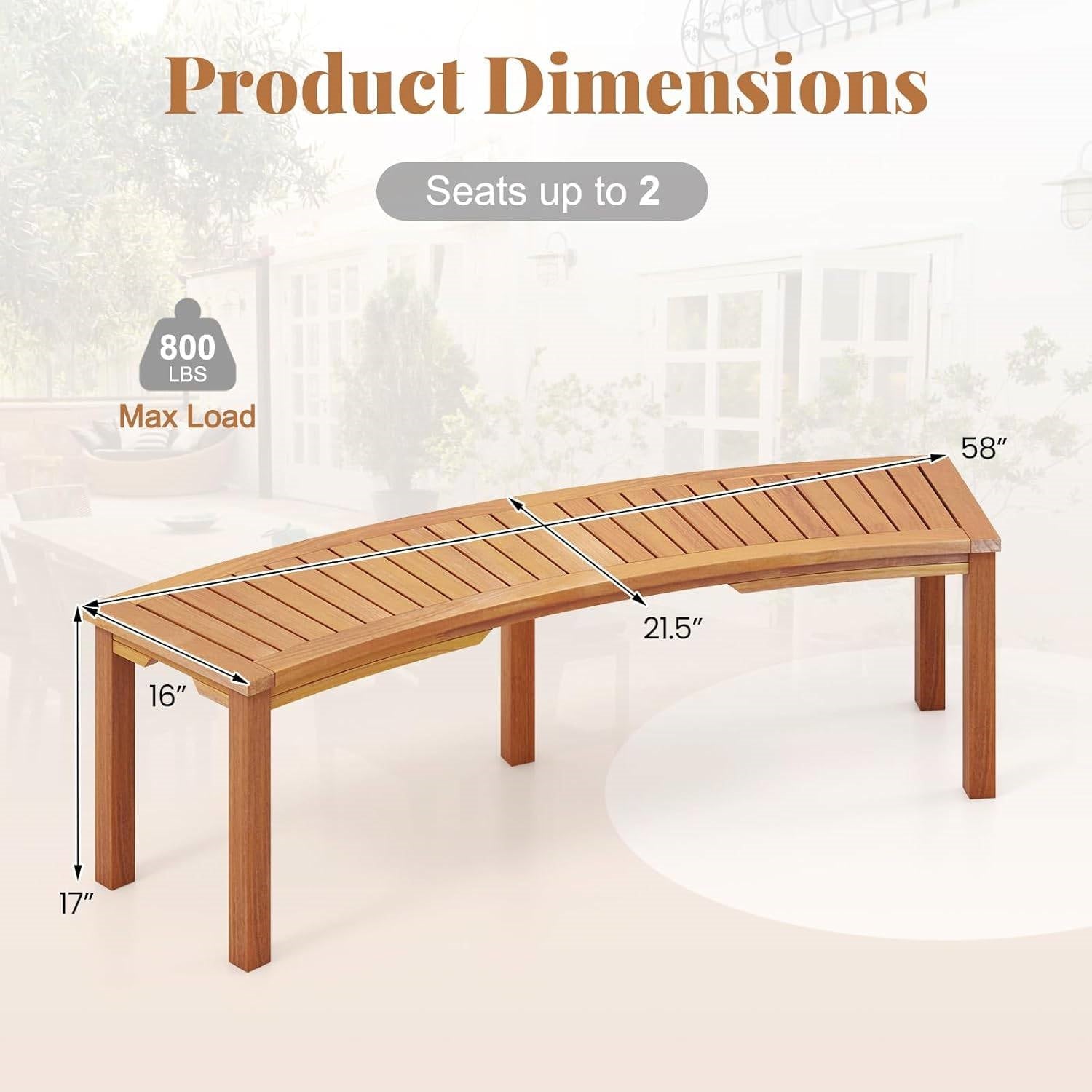 Outdoor two-person backless wooden garden bench with modern arch design by HomePacific in a garden setting