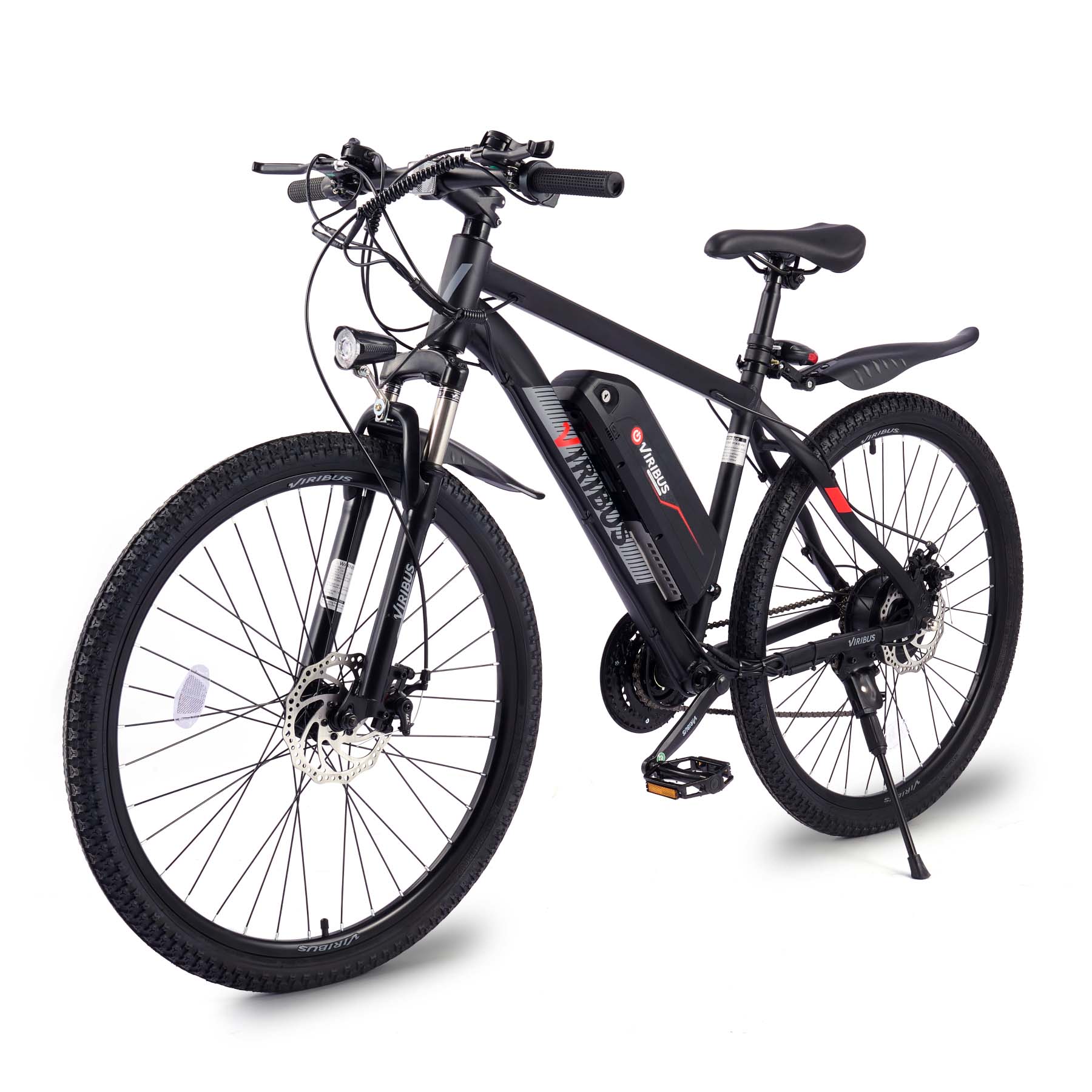 Viribus Panther electric mountain bike with black frame, knobby tires, and front suspension for off-road riding.