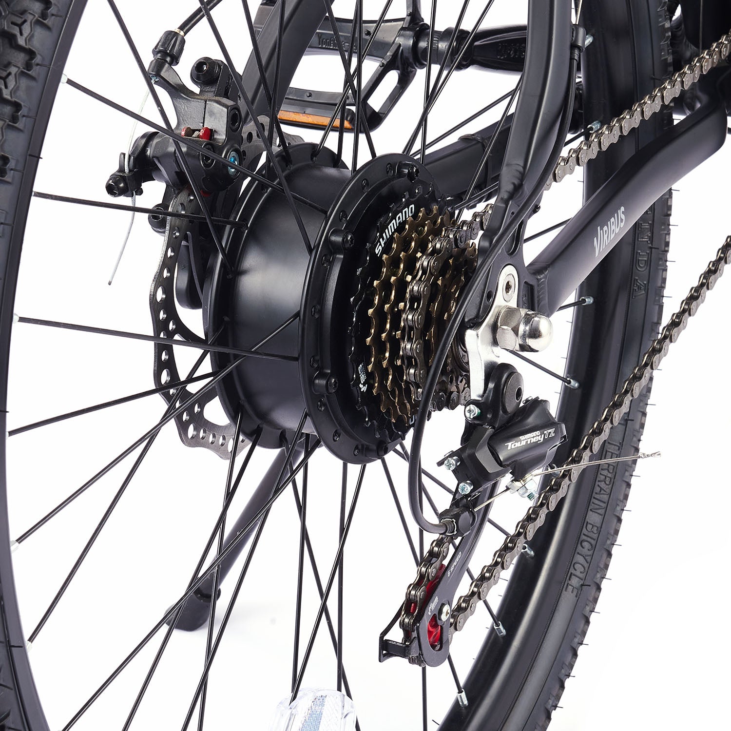 Viribus Panther electric mountain bike with black frame and thick tires, displayed outdoors on rough terrain.