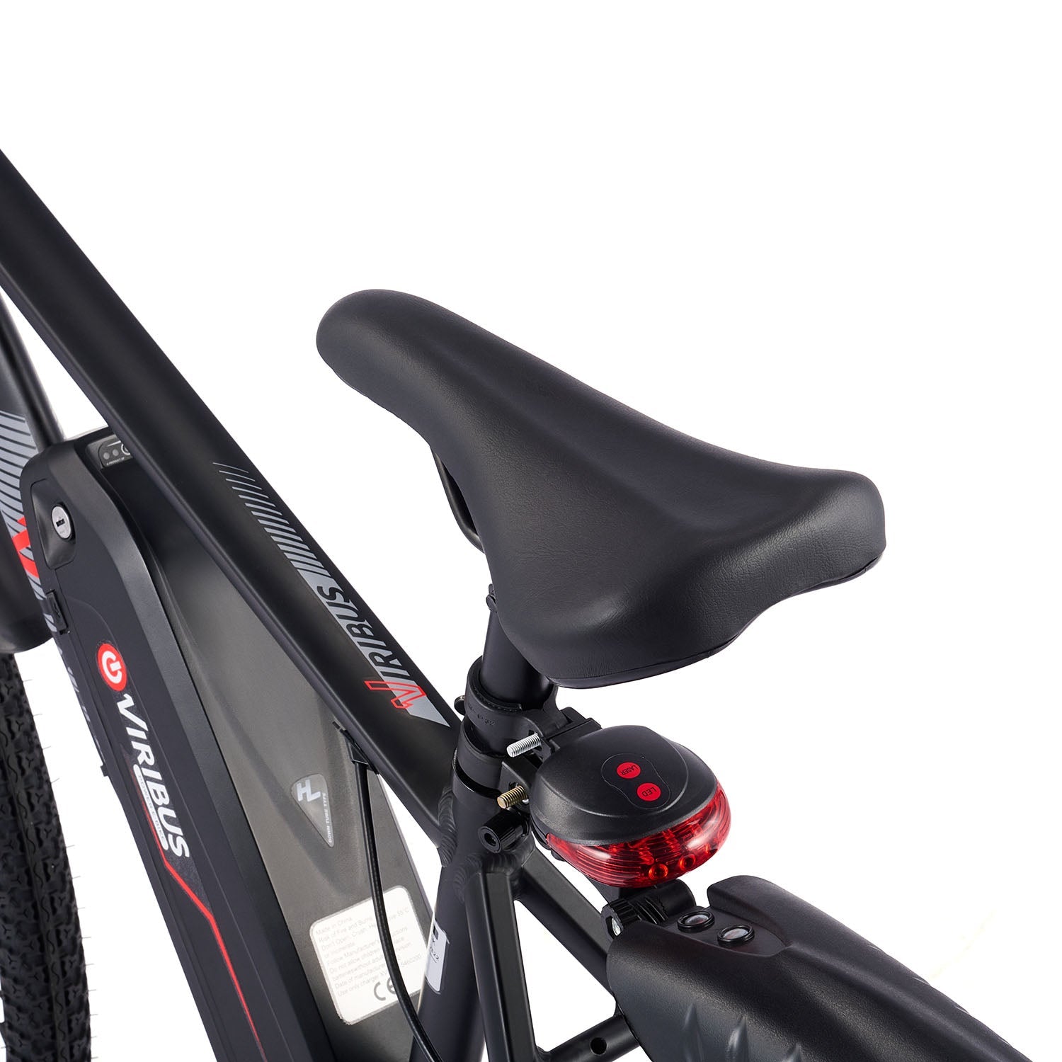 Viribus Panther electric mountain bike with black frame, front suspension, and knobby tires on rugged trail.
