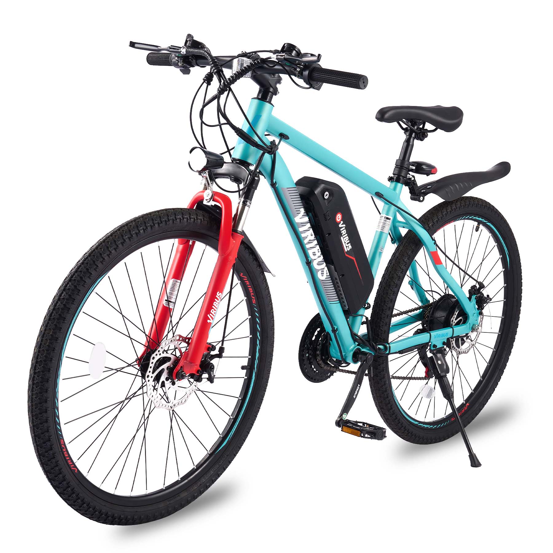 Viribus Panther electric mountain bike with black frame, front suspension, and knobby tires for off-road riding.
