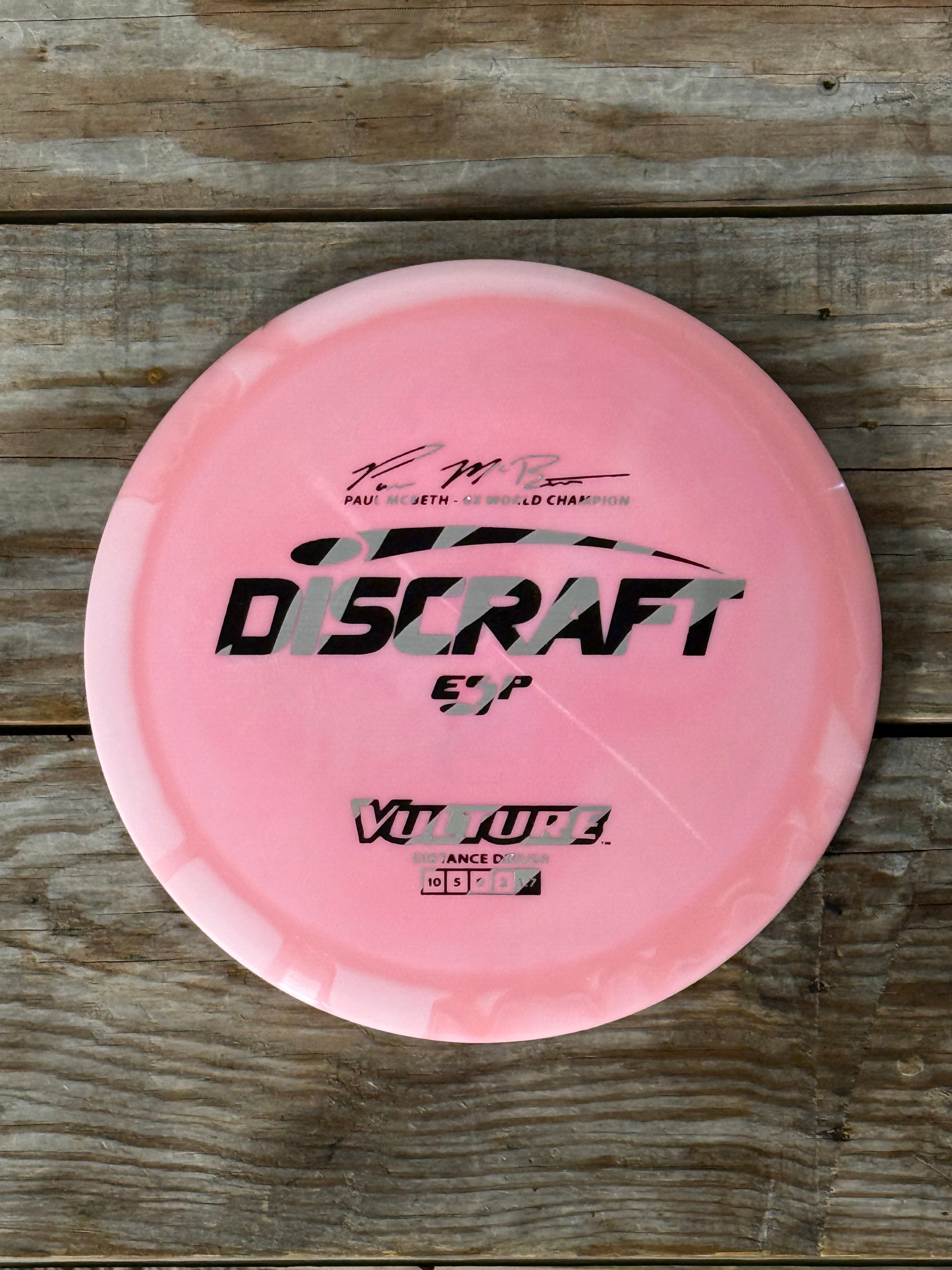 Paul McBeth 6x ESP Vulture disc golf distance driver from In The Bag Disc Golf Company, shown in close-up.