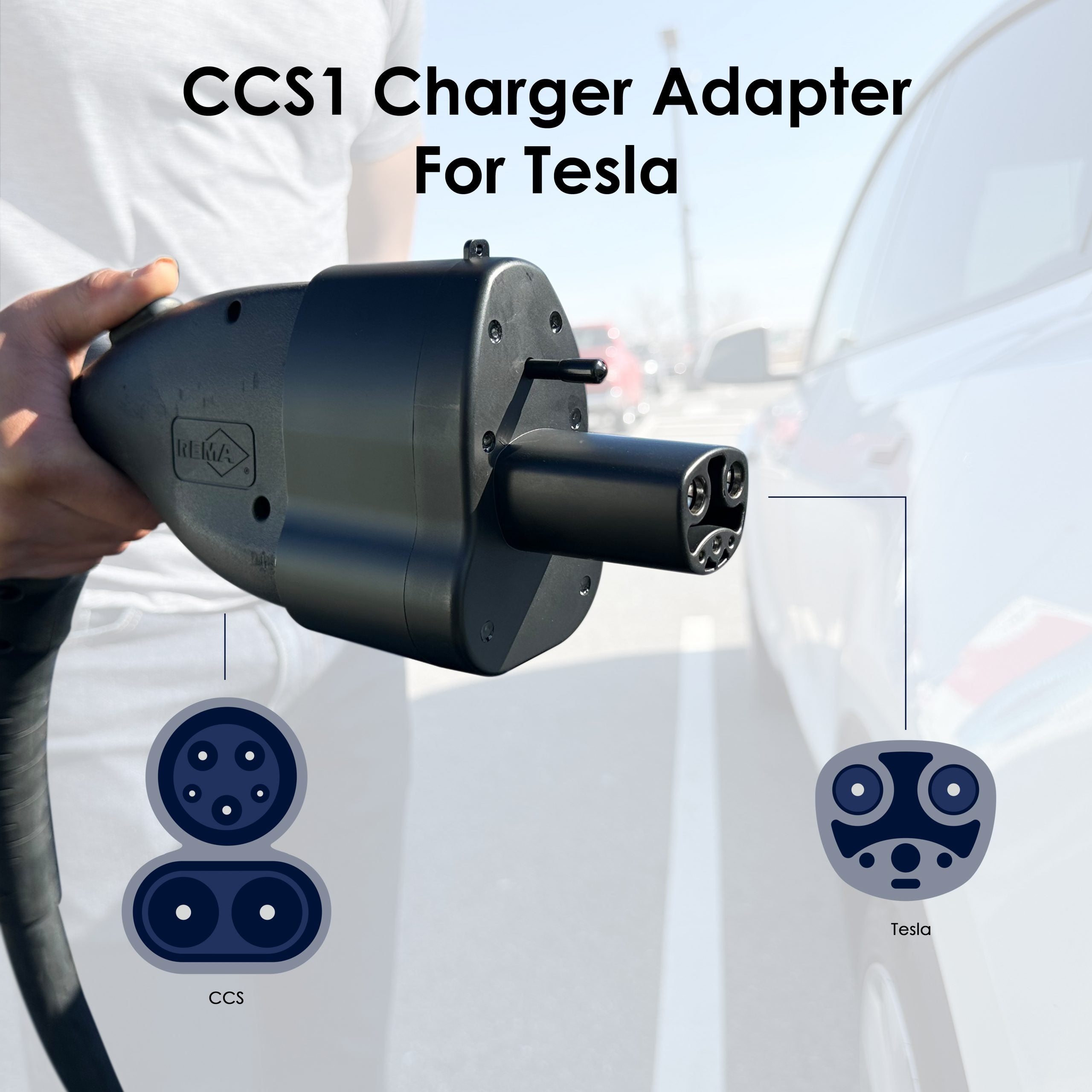 Rexing CCS to Tesla EV charging adapter connected to a car charging port, enabling Tesla vehicles to use CCS chargers.