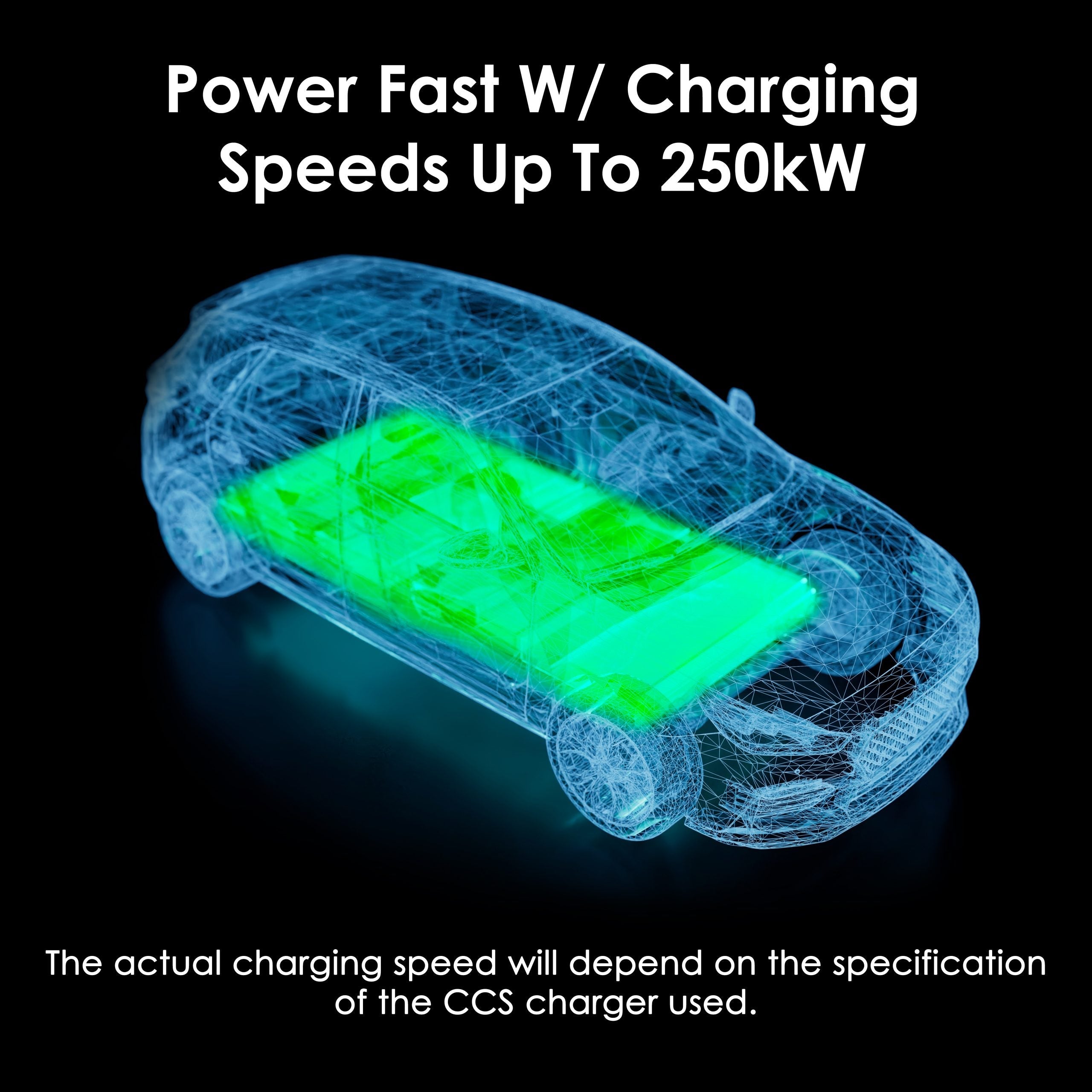 Rexing CCS to Tesla EV charging adapter connected to a Tesla charging port, enabling compatible fast charging.