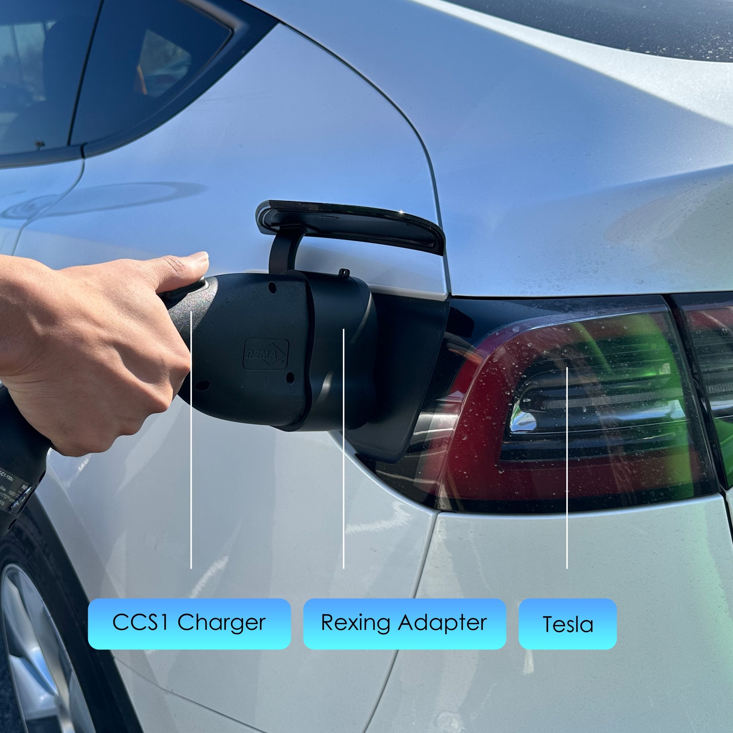 Rexing CCS to Tesla EV charging adapter connected to a vehicle, used for fast charging Tesla electric cars.