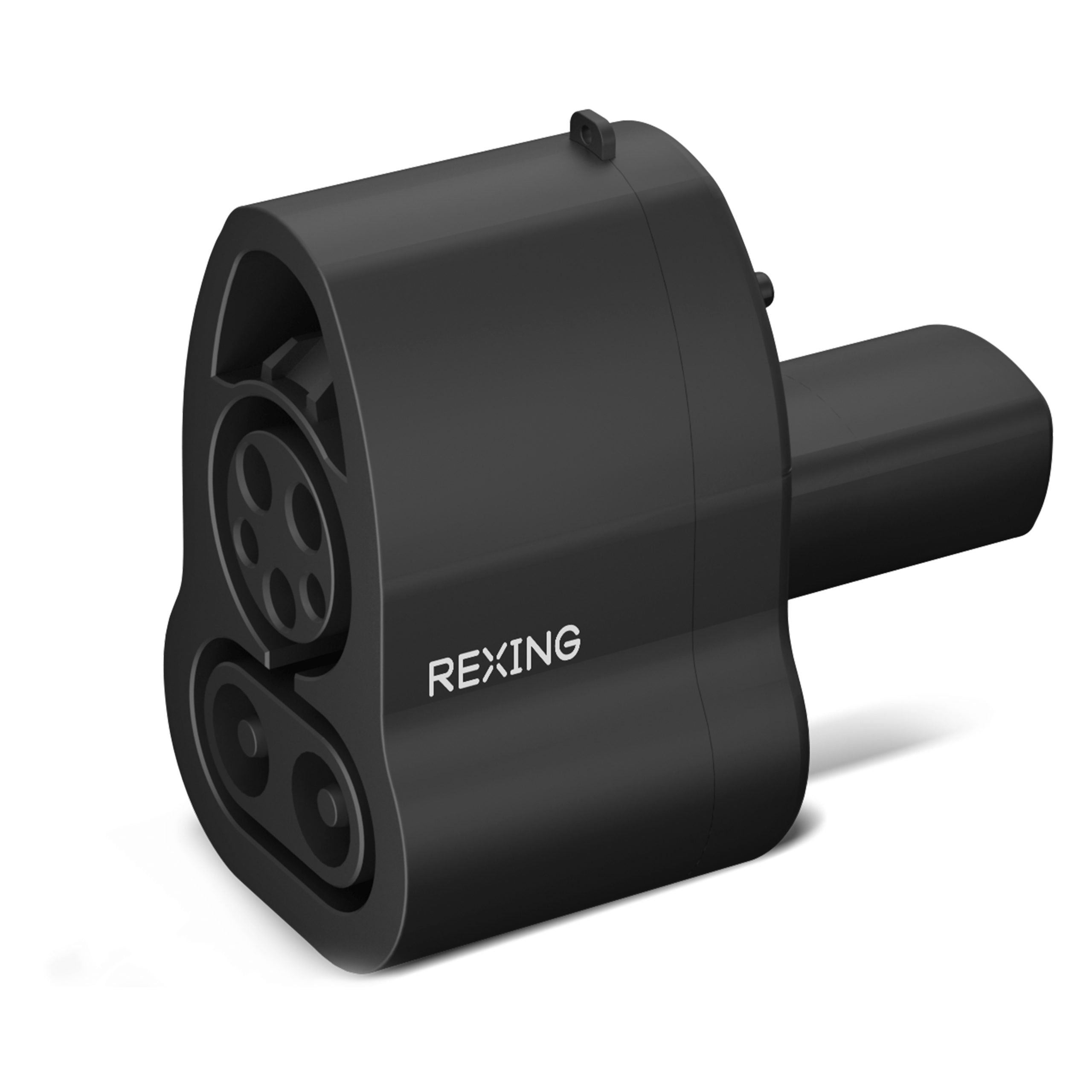Rexing CCS to Tesla EV charging adapter connected to a vehicle, enabling charging from CCS fast chargers.