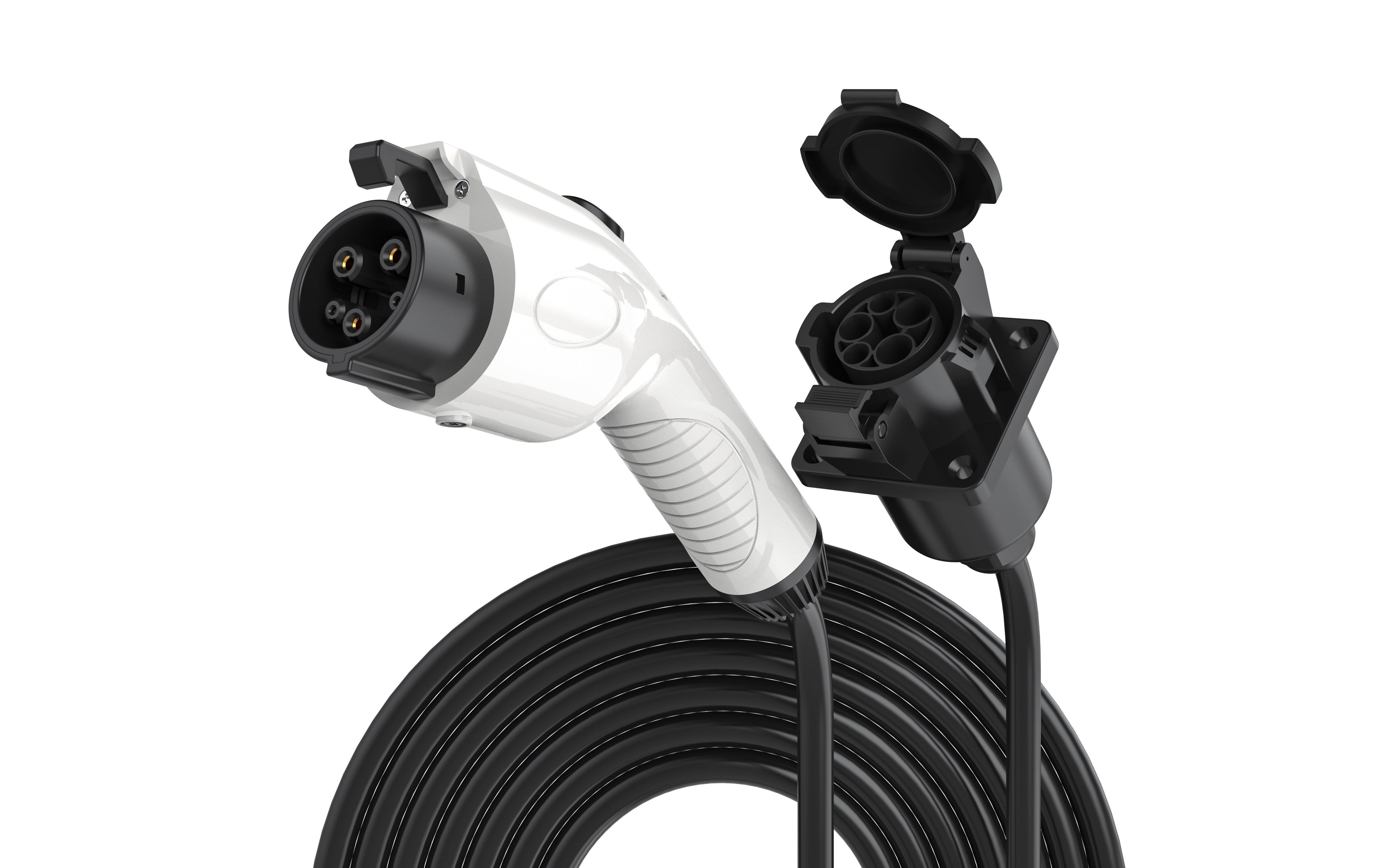Rexing J1772 32A EV extension cable showing a durable black cable with connector tips for electric vehicle charging.