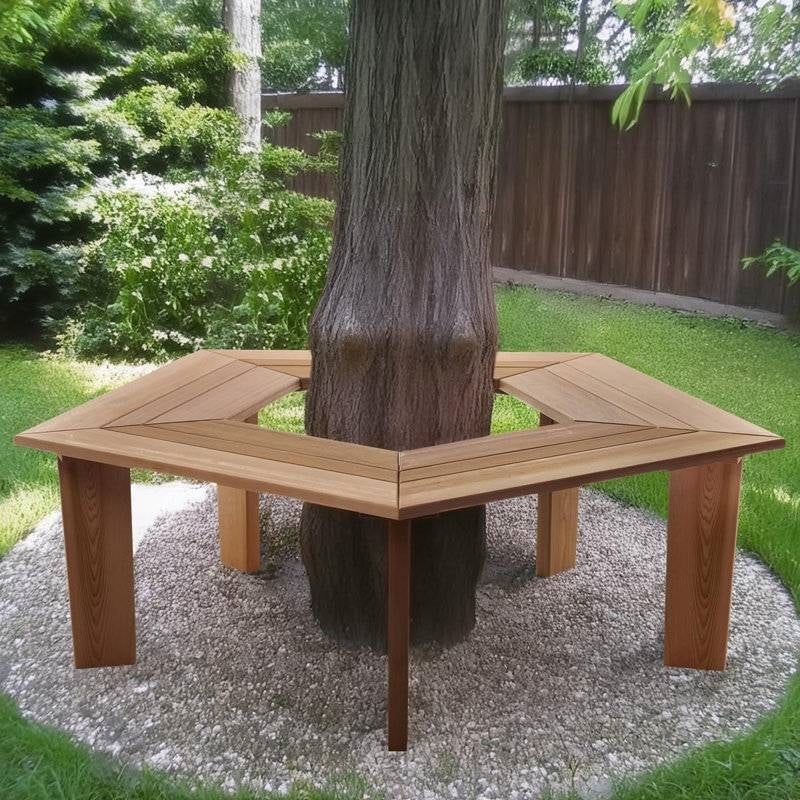 Solid cedar wood outdoor pentagon garden bench with five sides, designed for garden seating and outdoor decor by HomePacific.