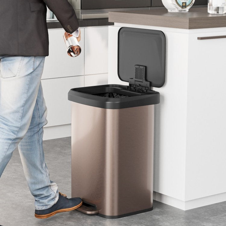 HomePacific 13-gallon copper gold stainless steel step trash can with soft-close lid for kitchen waste disposal.