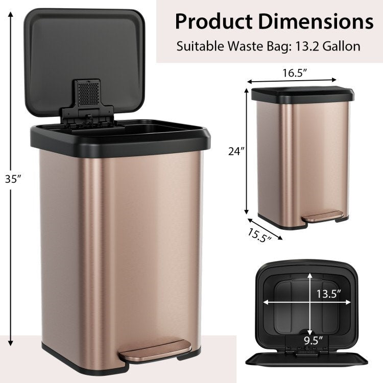 HomePacific 13-gallon copper gold stainless steel step trash can with soft close lid, ideal for modern kitchen waste disposal.