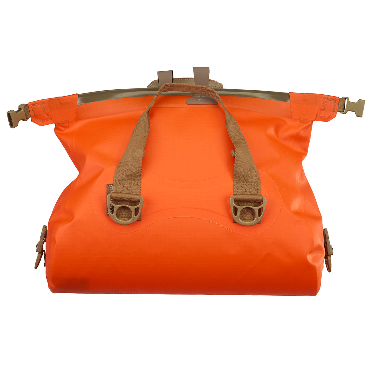 Bright orange waterproof roll-top bag with tan webbing straps and buckles, shown against a plain white background.