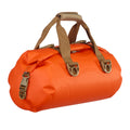 An orange waterproof duffel bag with tan webbing handles and buckle closures, shown on a plain white background.