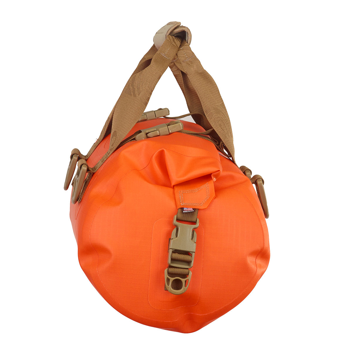 An orange waterproof dry bag with tan straps and buckle closures, shown against a plain white background.