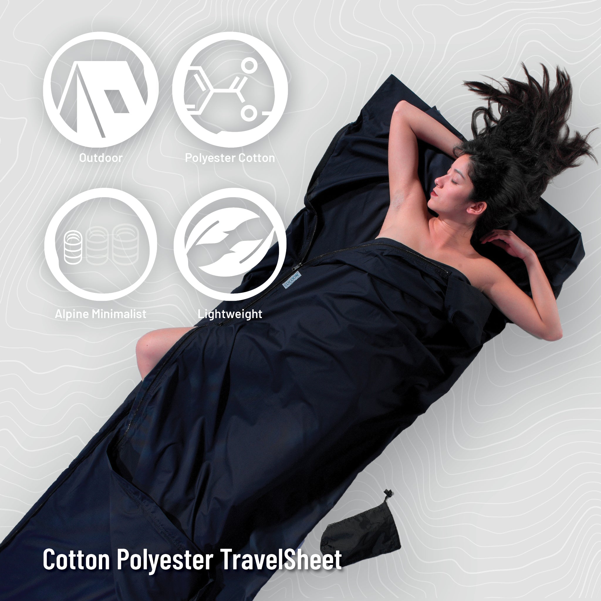 Cotton-polyester TravelSheet by COCOON, lightweight and breathable travel bedding for comfort and hygiene during trips.