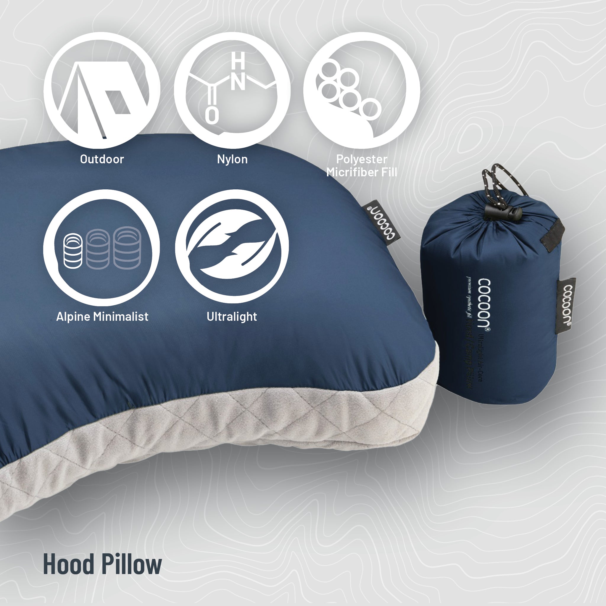 Ultralight COCOON AirCore Hood Pillow with soft fabric cover, compact design, and ergonomic shape for comfortable travel sleep.