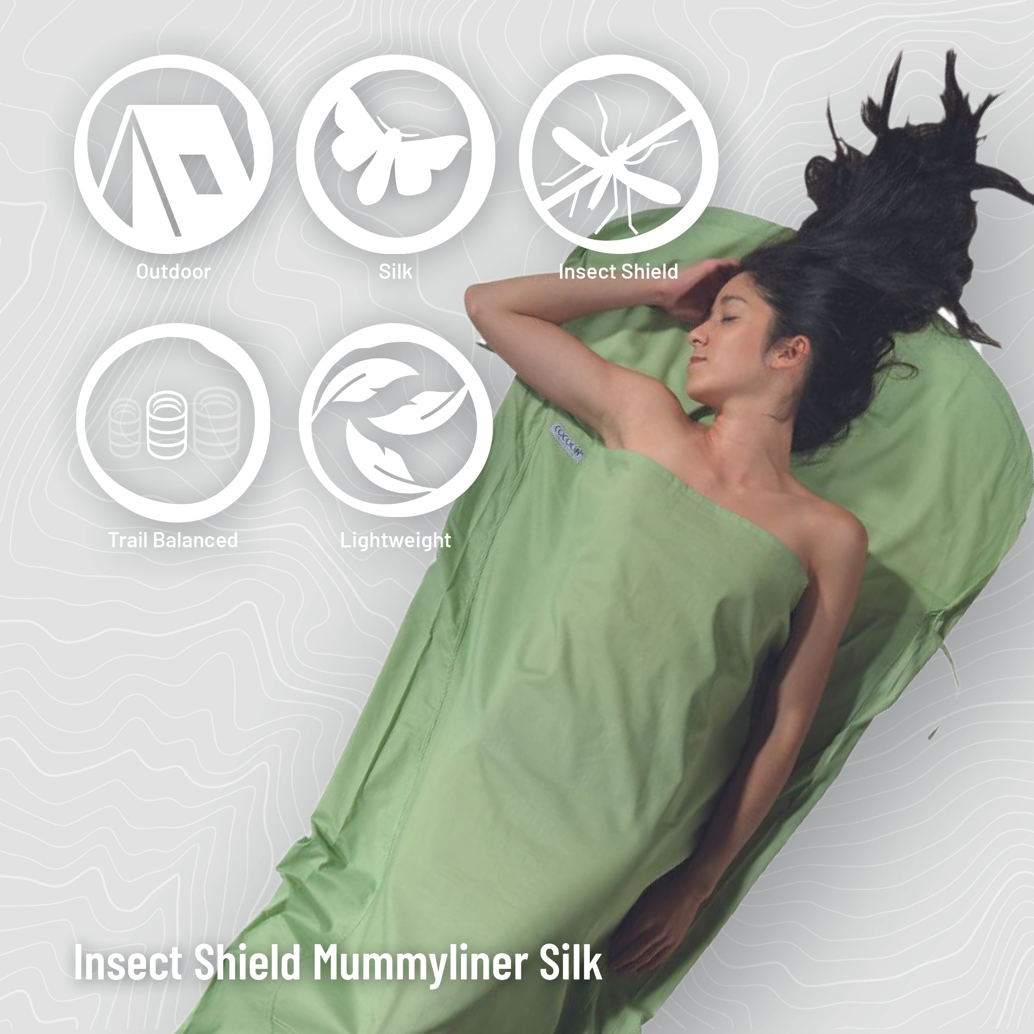 COCOON Insect Shield® MummyLiner™ Silk in a sleek design, ideal for insect protection during camping and outdoor activities.