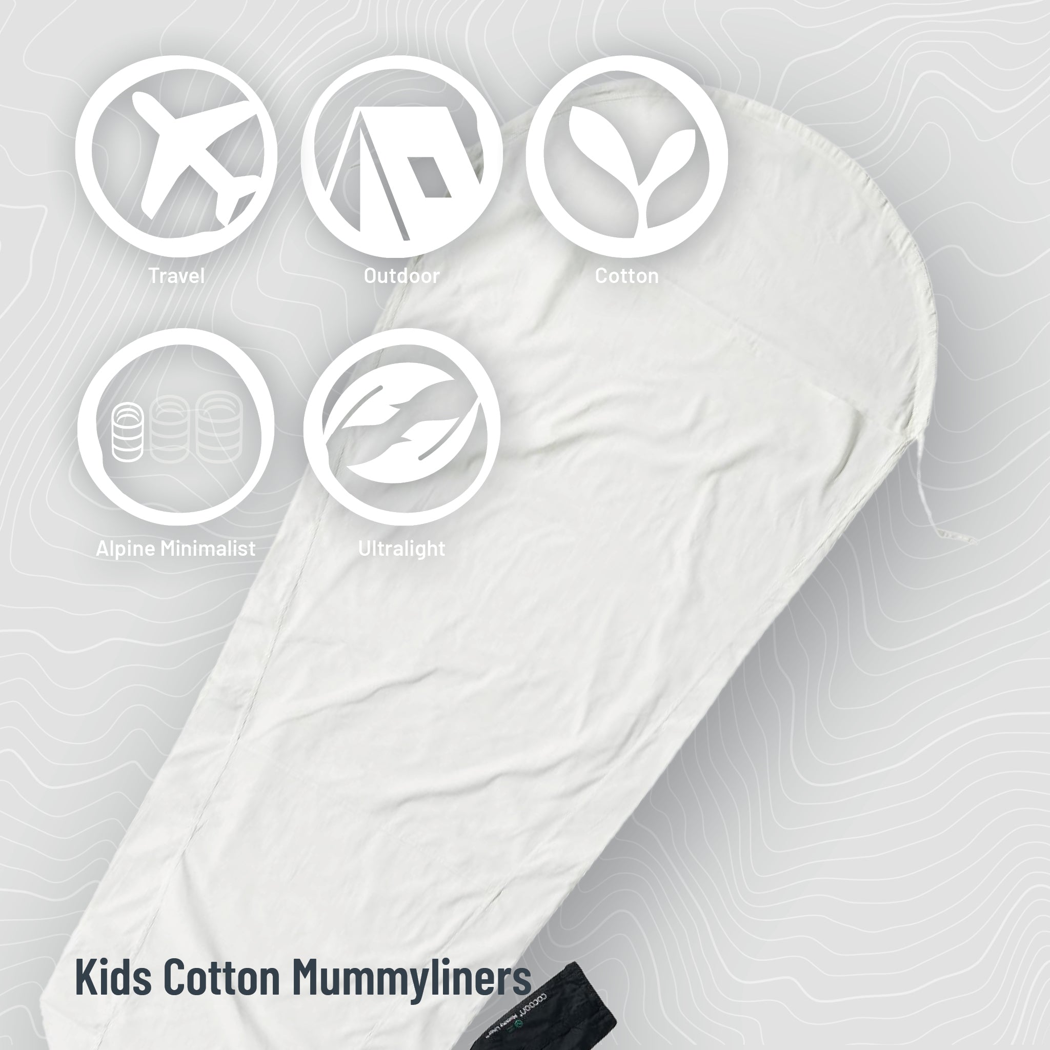 Kids MummyLiner™ Cotton by COCOON, soft white cotton liner designed for children's sleeping bags, shown in the image.