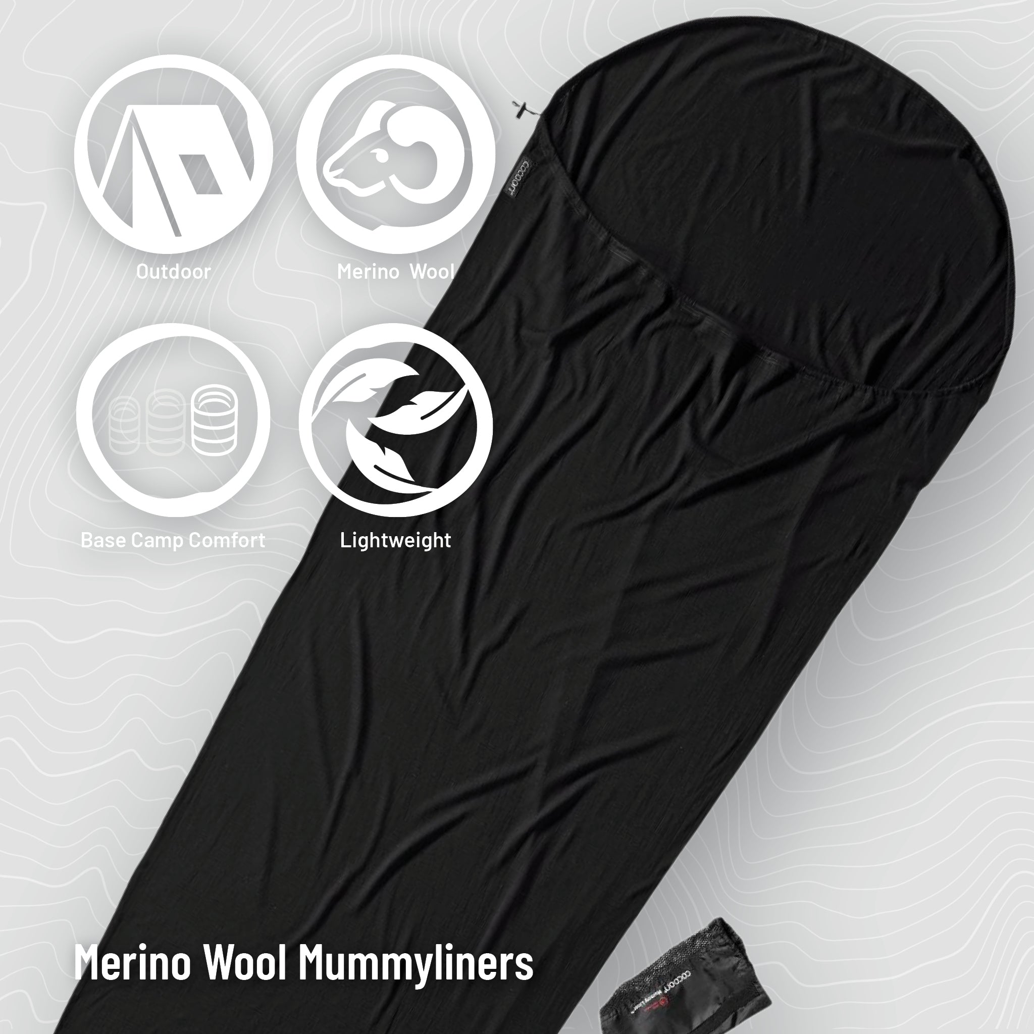 COCOON MummyLiner Merino Wool sleeping bag liner, soft and lightweight for added comfort and warmth during camping and travel.