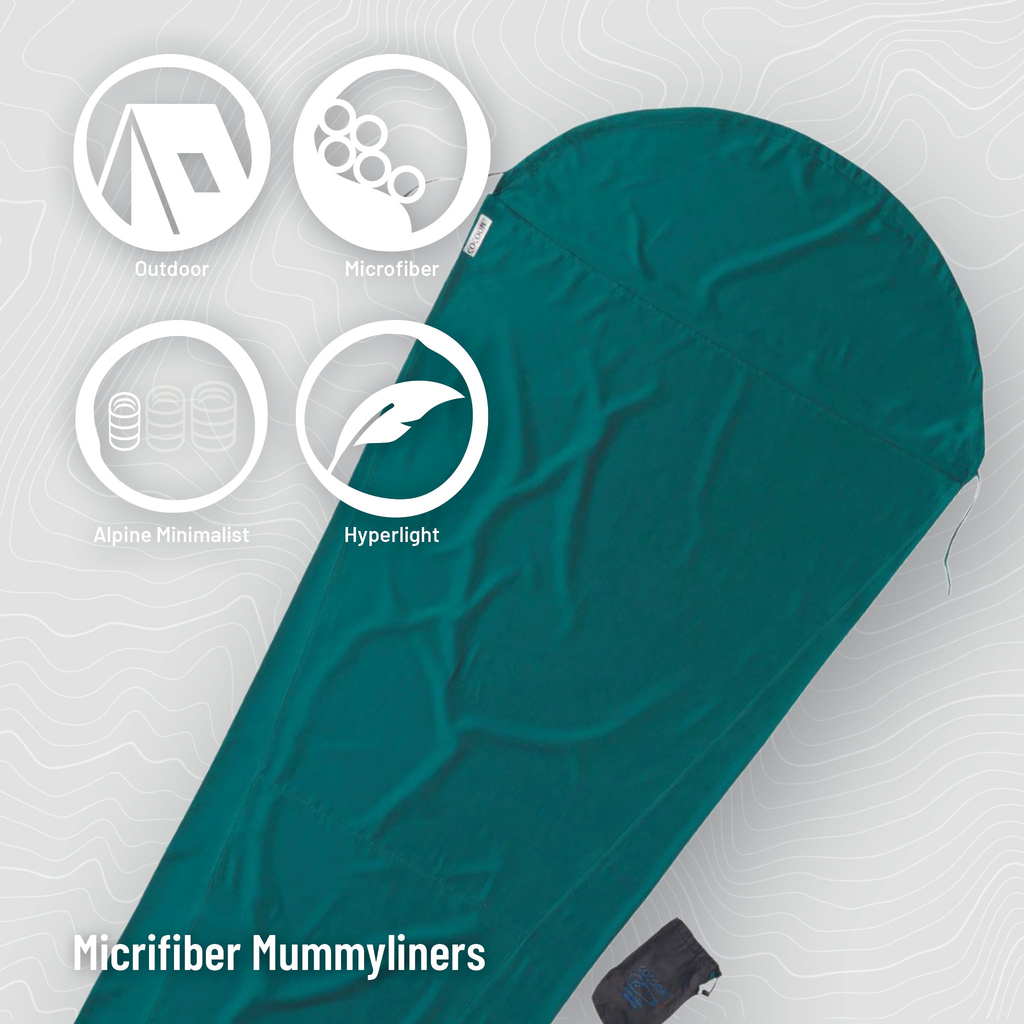 COCOON MummyLiner™ microfiber sleeping bag liner shown in beige, lightweight and soft for added comfort during camping.